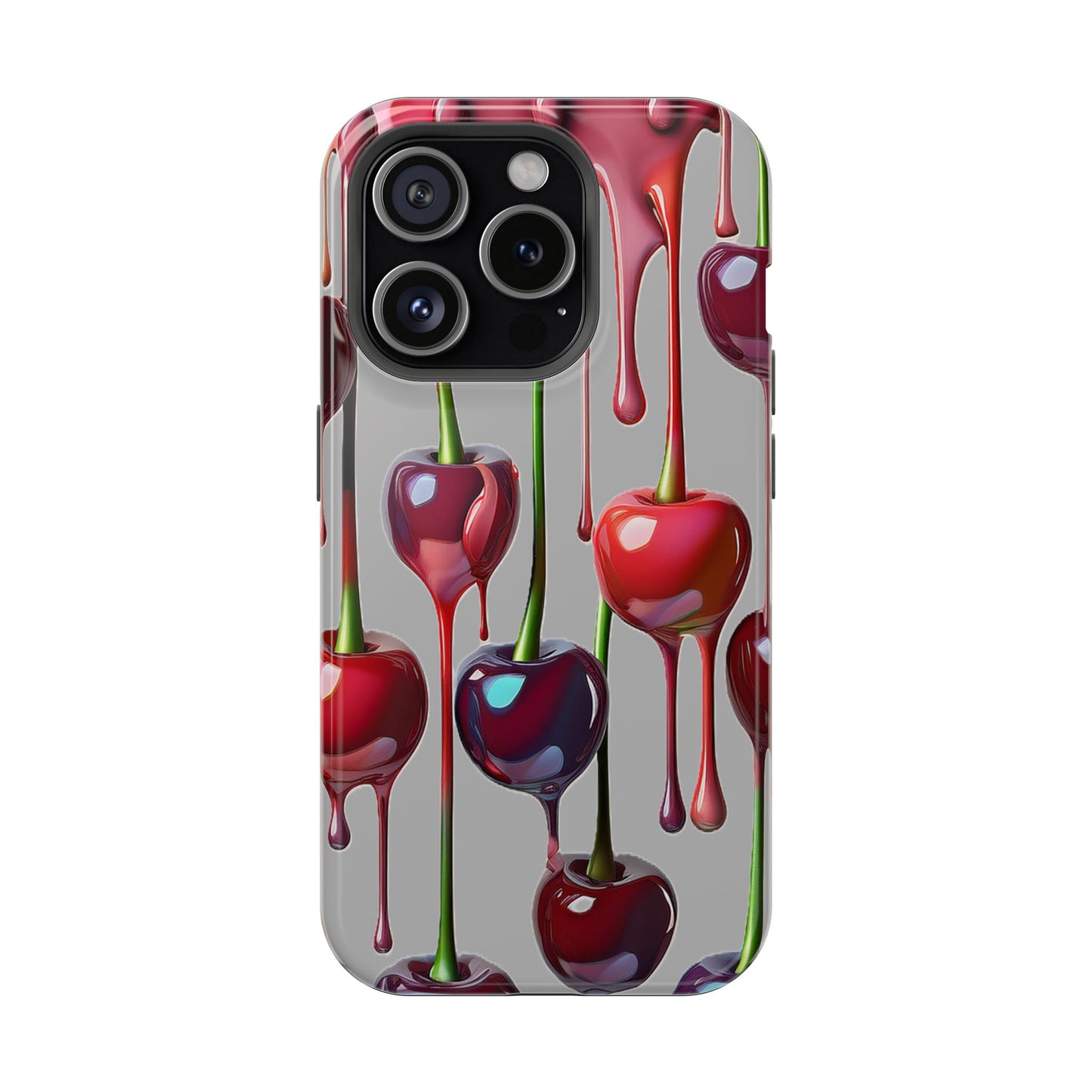 Mag Safe Dripping Cherry Phone Case - Cherry Design, Gray iPhone Magnetic Phone Case