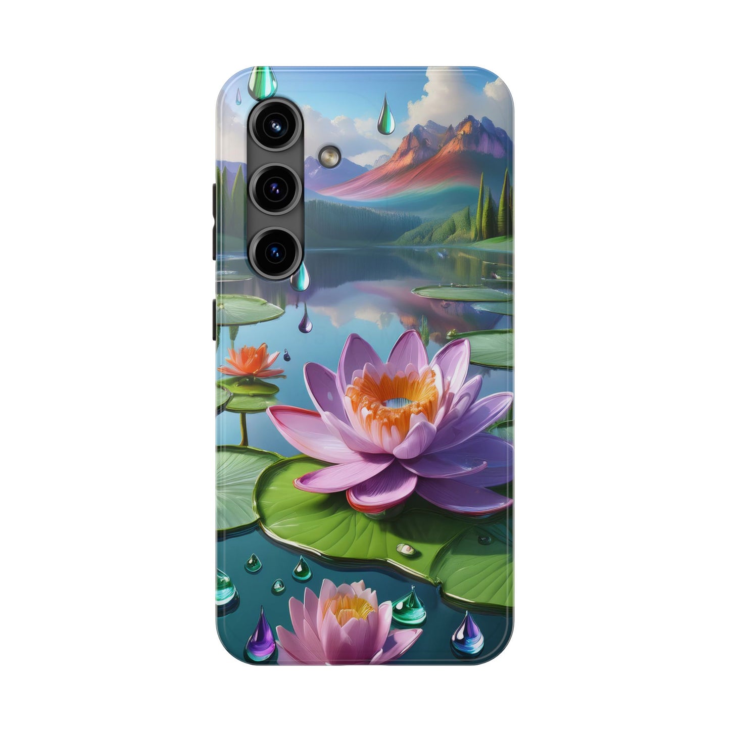 Lily Pads Phone Case, Mountain View Raindrops Nature Scene for iPhone or Samsung Galaxy, Pink Green Blue