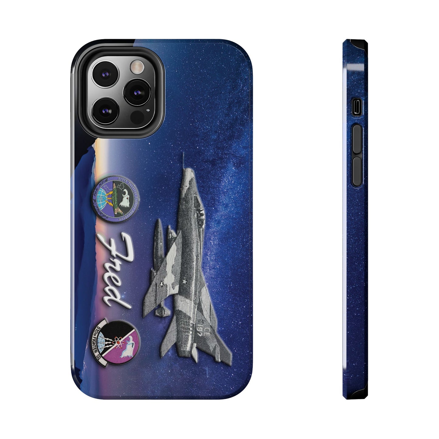 An image of an Air Force 510th Squadron cell phone case featuring a detailed F16 fighter jet design, the word "Buzzards," and personalized text displaying a name or call sign. The case has a sleek, durable finish with vibrant graphics, offering a military-inspired look. Designed for edge-to-edge protection, it includes precise cutouts for buttons, ports, and the camera, combining style and functionality.