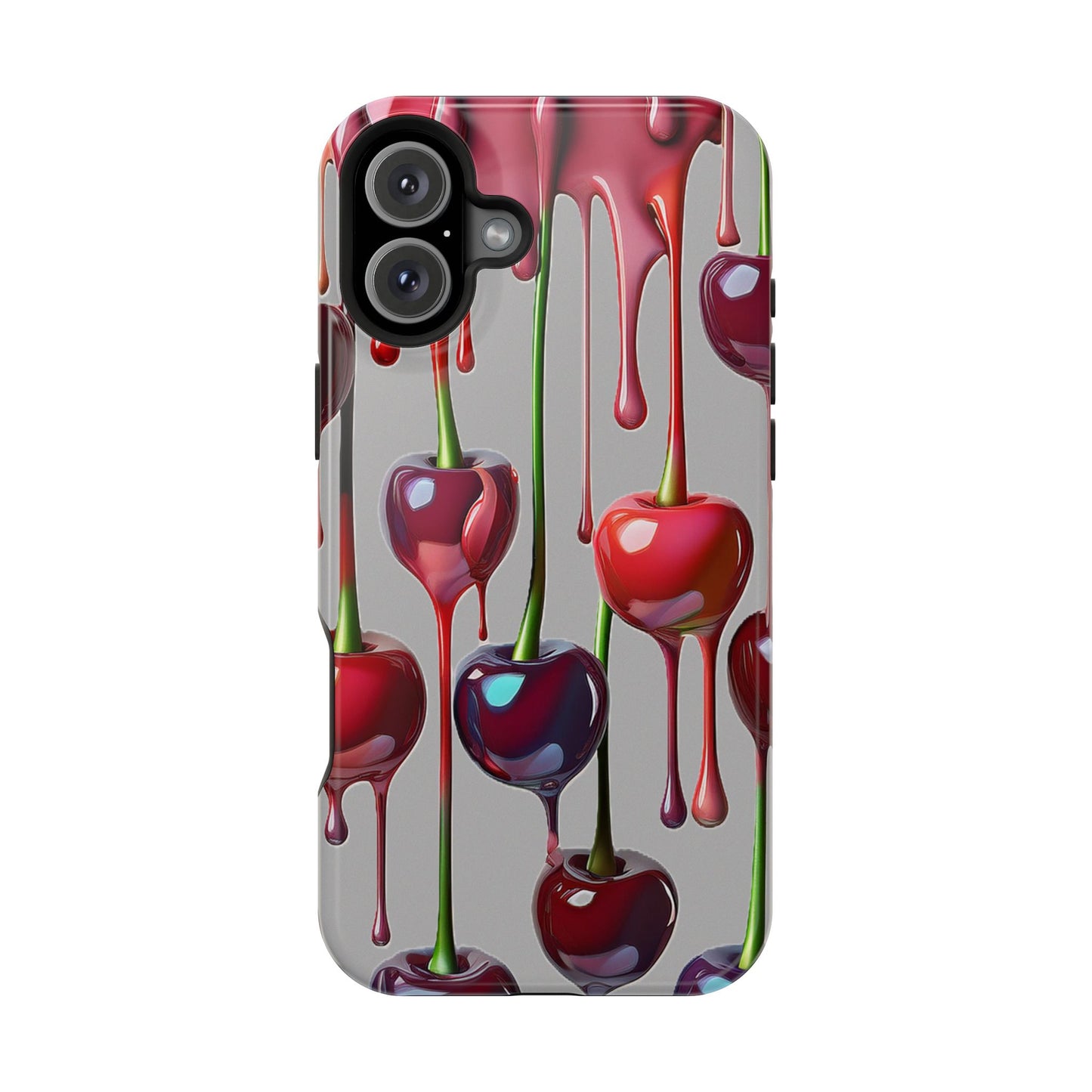 Mag Safe Dripping Cherry Phone Case - Cherry Design, Gray iPhone Magnetic Phone Case
