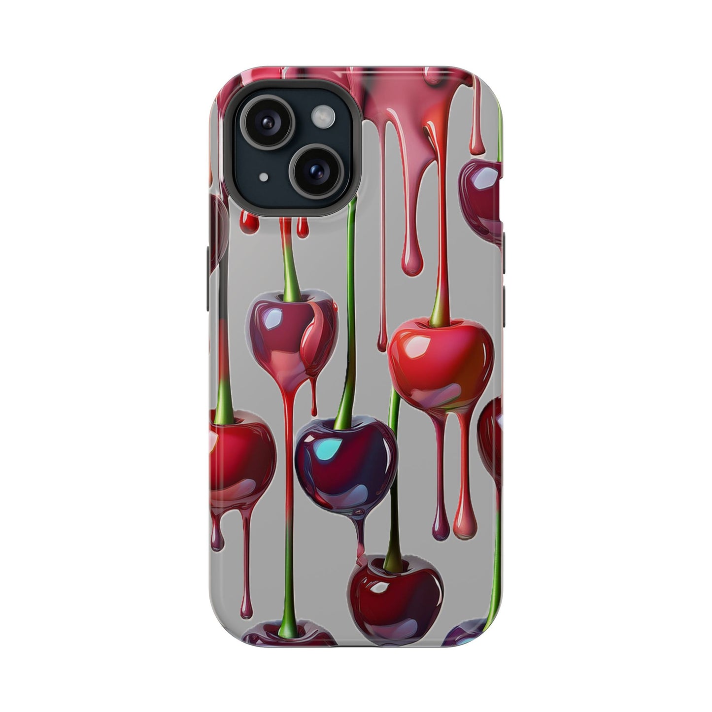 Mag Safe Dripping Cherry Phone Case - Cherry Design, Gray iPhone Magnetic Phone Case