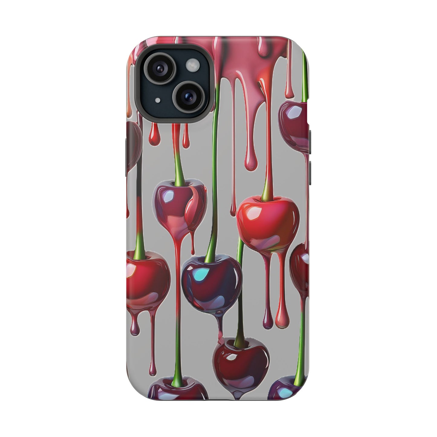 Mag Safe Dripping Cherry Phone Case - Cherry Design, Gray iPhone Magnetic Phone Case