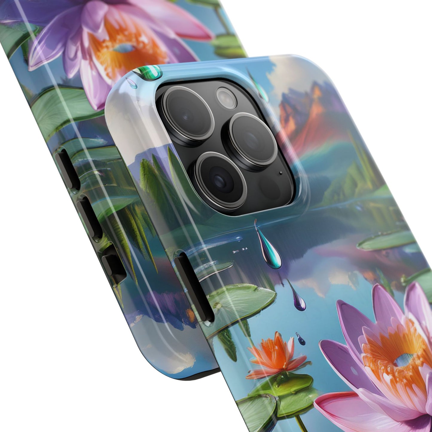 Lily Pads Phone Case, Mountain View Raindrops Nature Scene for iPhone or Samsung Galaxy, Pink Green Blue