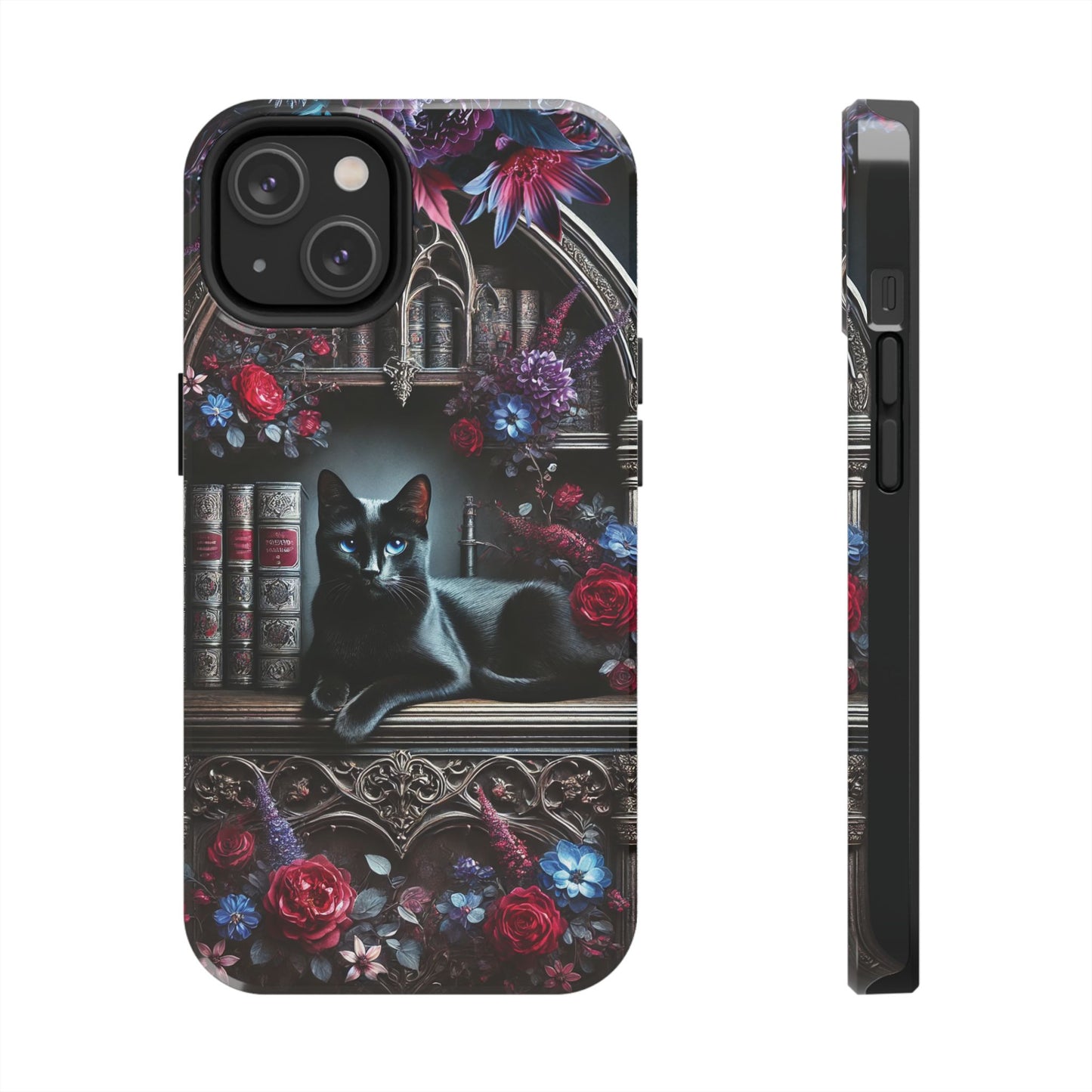 iPhone and Samsung Galaxy cell phone models, Black Cat Gothic Bookcase Decor with Glowing Blue Eyes & Flowers, iPhone Pro, Plus, Pro Max