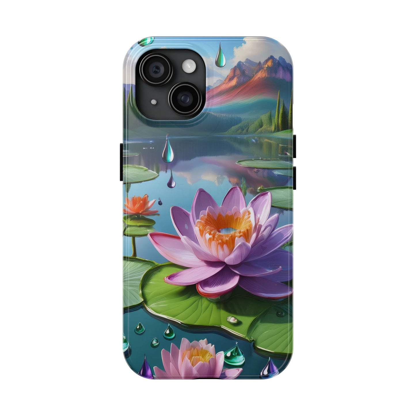 Lily Pads Phone Case, Mountain View Raindrops Nature Scene for iPhone or Samsung Galaxy, Pink Green Blue