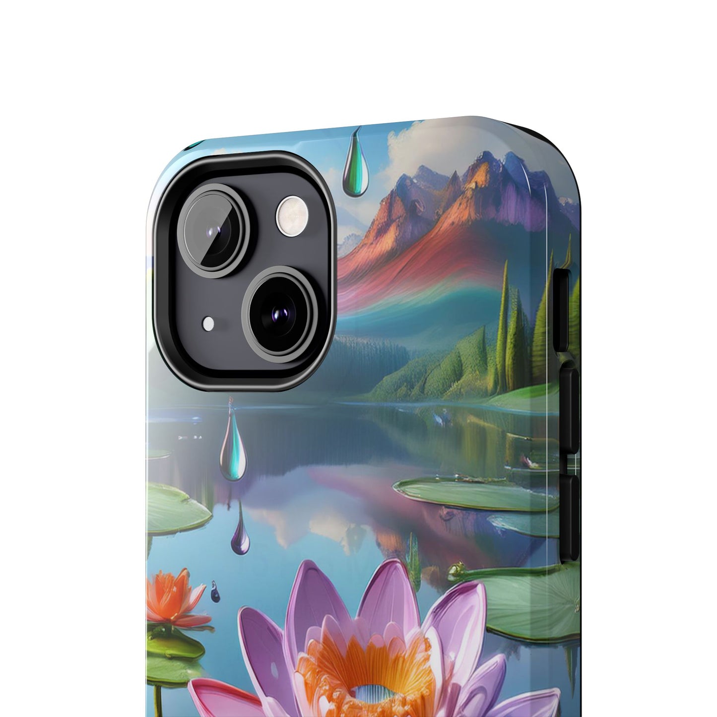 Lily Pads Phone Case, Mountain View Raindrops Nature Scene for iPhone or Samsung Galaxy, Pink Green Blue