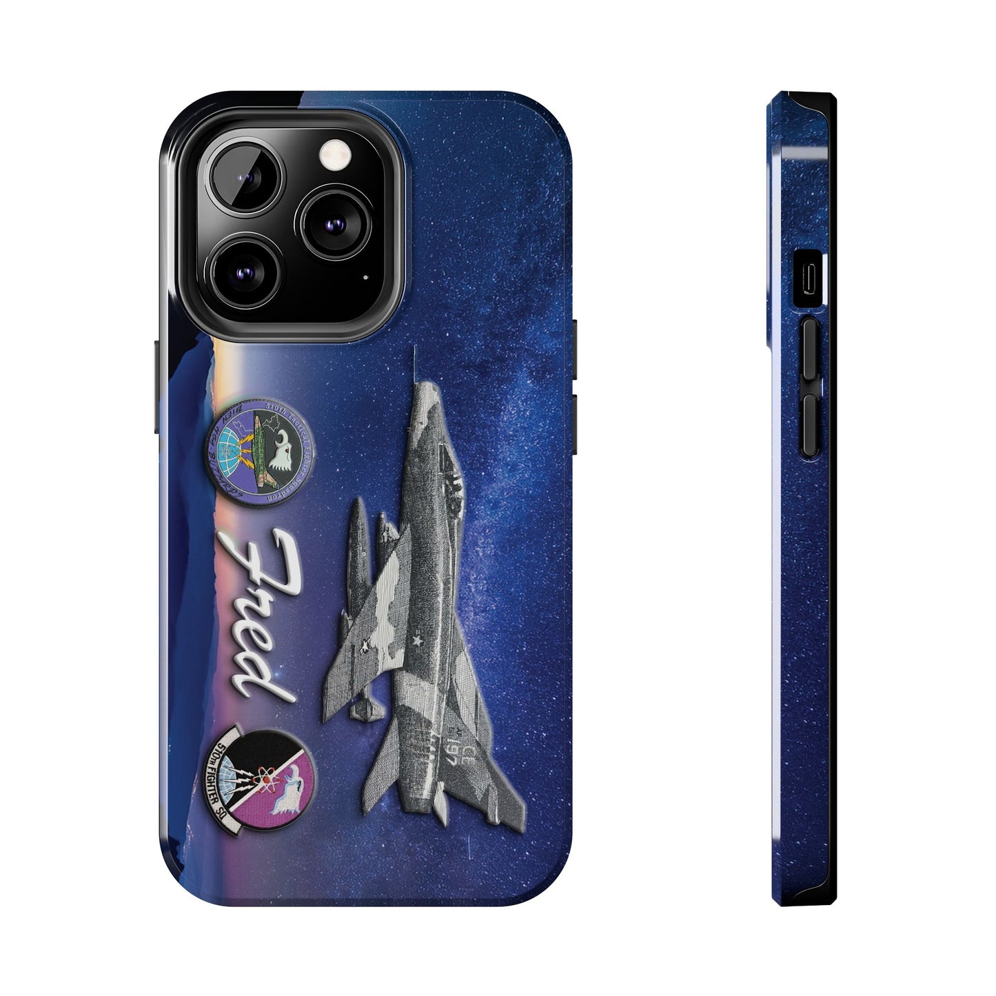 An image of an Air Force 510th Squadron cell phone case featuring a detailed F16 fighter jet design, the word "Buzzards," and personalized text displaying a name or call sign. The case has a sleek, durable finish with vibrant graphics, offering a military-inspired look. Designed for edge-to-edge protection, it includes precise cutouts for buttons, ports, and the camera, combining style and functionality.