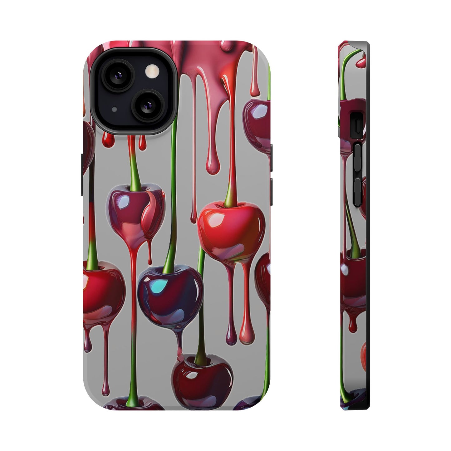Mag Safe Dripping Cherry Phone Case - Cherry Design, Gray iPhone Magnetic Phone Case