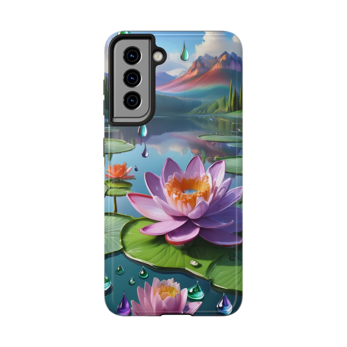 Lily Pads Phone Case, Mountain View Raindrops Nature Scene for iPhone or Samsung Galaxy, Pink Green Blue
