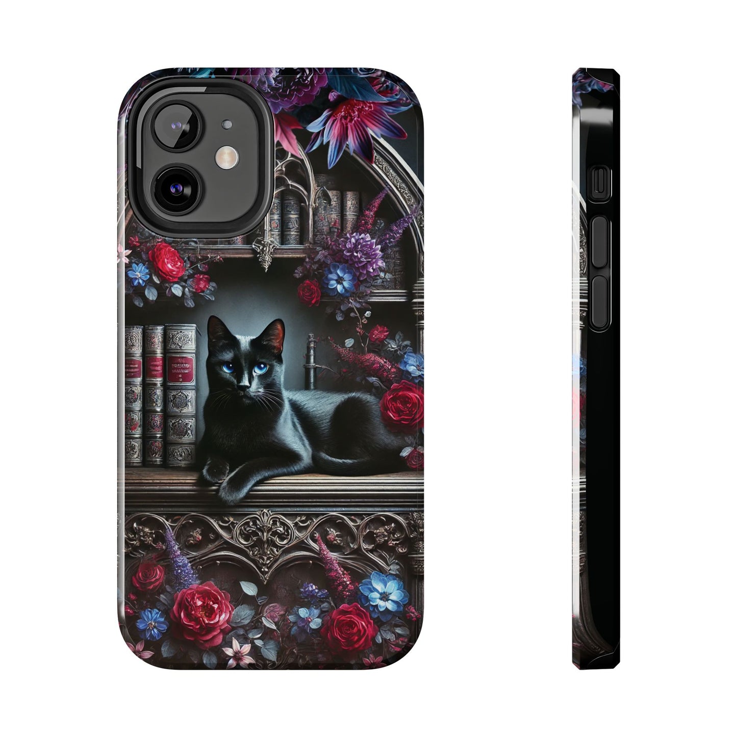 iPhone and Samsung Galaxy cell phone models, Black Cat Gothic Bookcase Decor with Glowing Blue Eyes & Flowers, iPhone Pro, Plus, Pro Max
