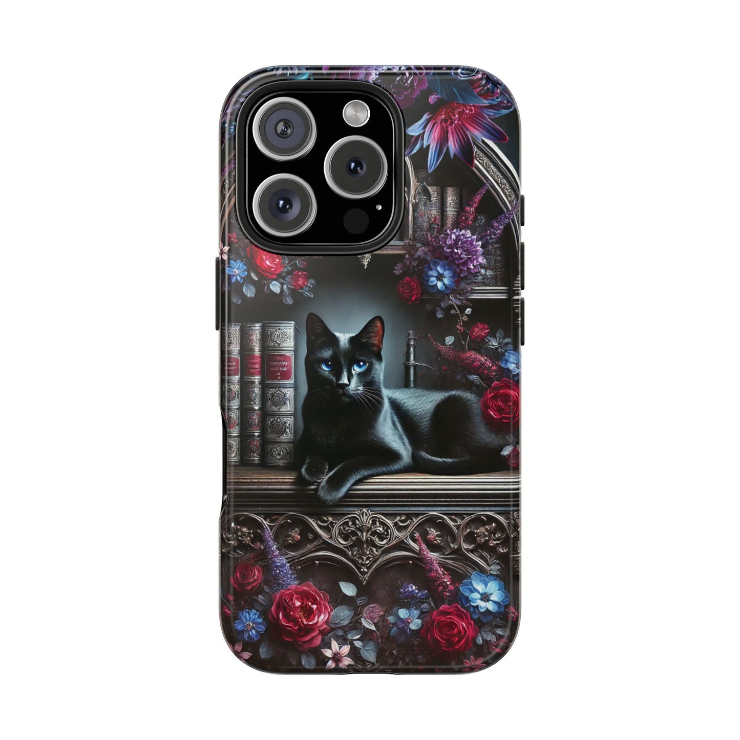 iPhone and Samsung Galaxy cell phone models, Black Cat Gothic Bookcase Decor with Glowing Blue Eyes & Flowers, iPhone Pro, Plus, Pro Max