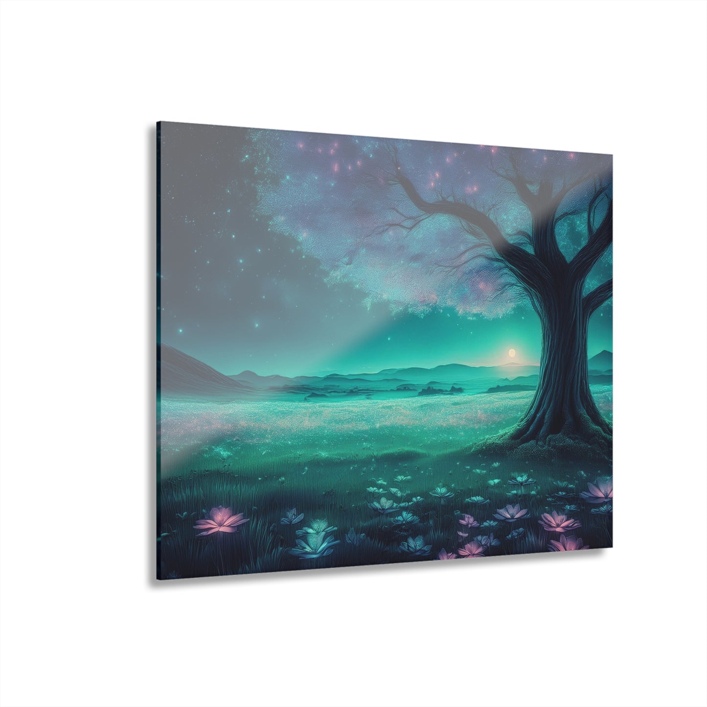 Night Sky Pink Blue Flowers in a Field, Acrylic Print, Wall Art, Home or Office Decor, French Cleat Hanging, Glass Wall Art