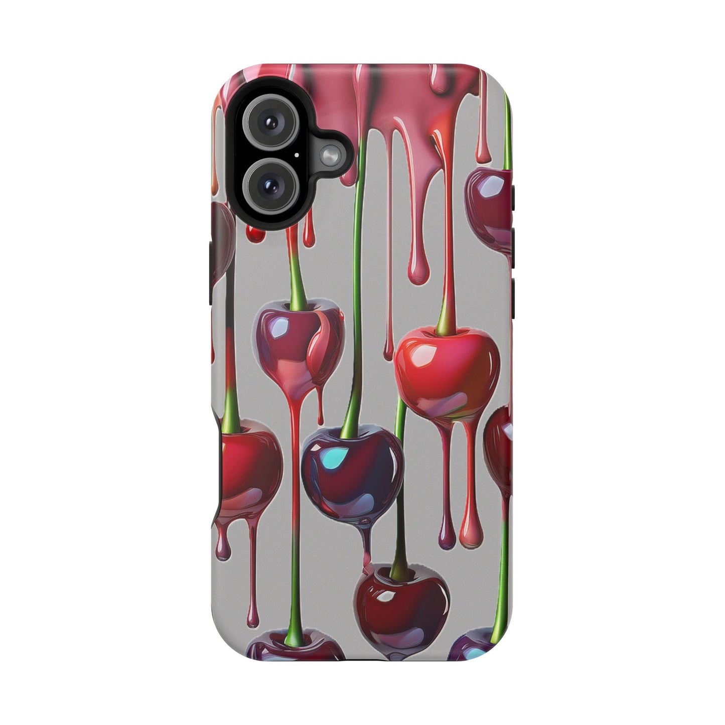 Mag Safe Dripping Cherry Phone Case - Cherry Design, Gray iPhone Magnetic Phone Case