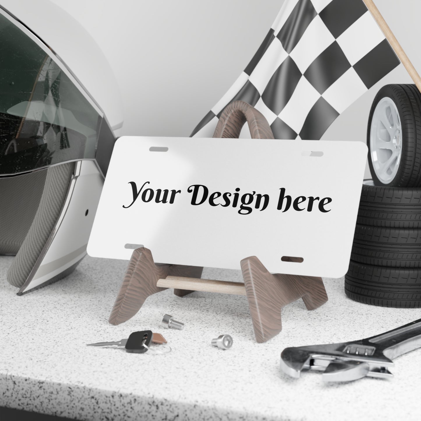 Custom vanity plate made from durable aluminum, measuring 12x6 inches, with pre-drilled holes for easy installation, perfect for vehicles or wall decor