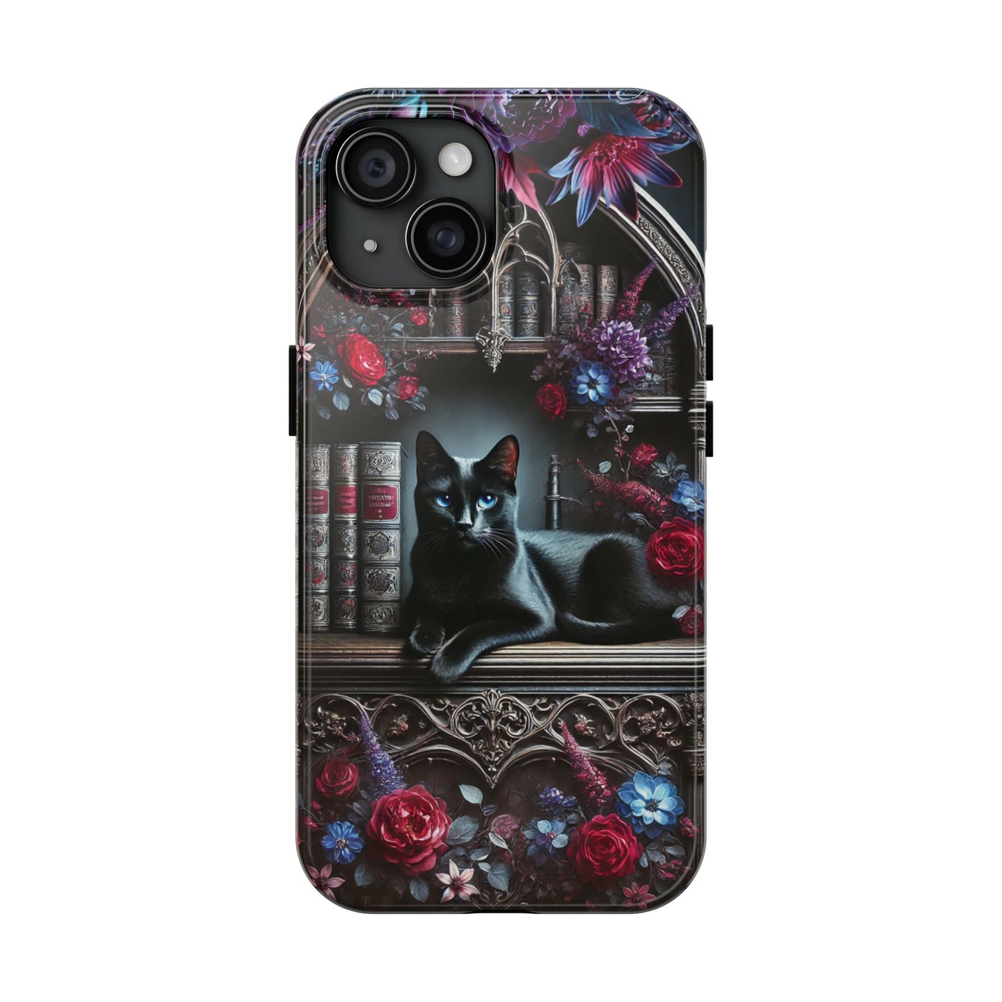 iPhone and Samsung Galaxy cell phone models, Black Cat Gothic Bookcase Decor with Glowing Blue Eyes & Flowers, iPhone Pro, Plus, Pro Max