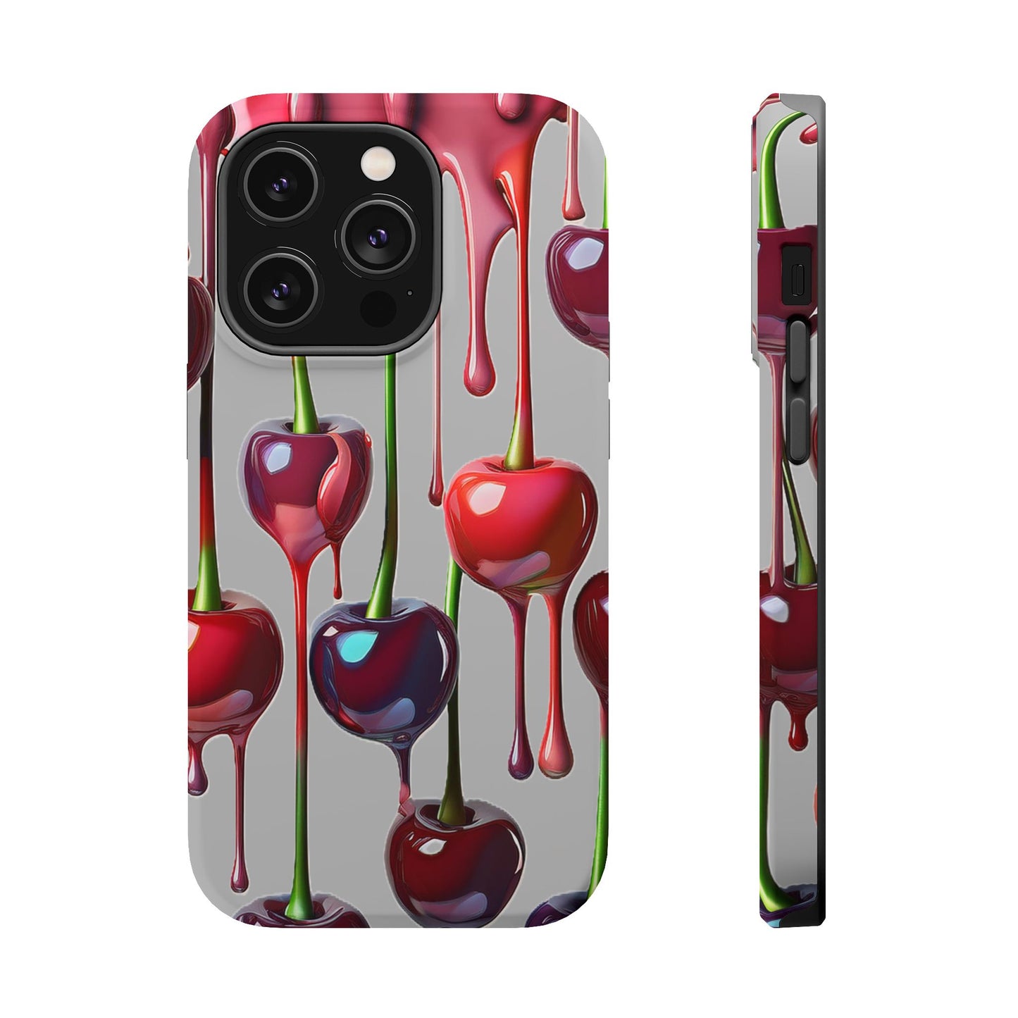 Mag Safe Dripping Cherry Phone Case - Cherry Design, Gray iPhone Magnetic Phone Case
