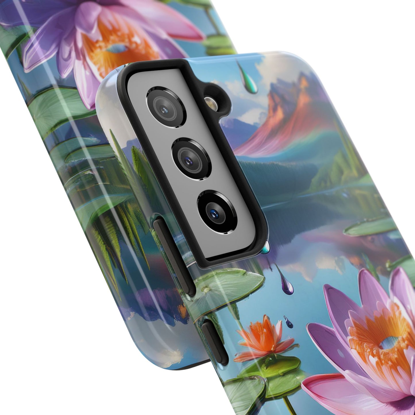 Lily Pads Phone Case, Mountain View Raindrops Nature Scene for iPhone or Samsung Galaxy, Pink Green Blue