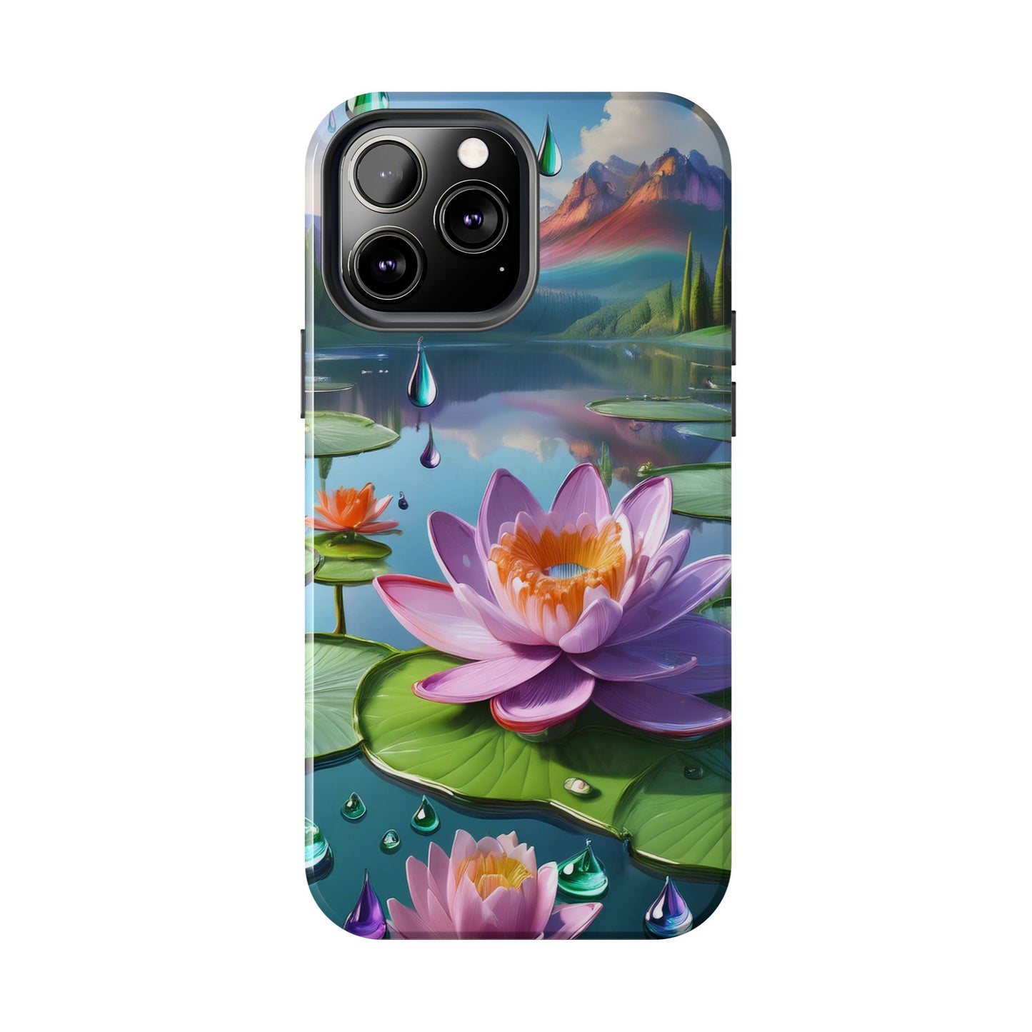 Lily Pads Phone Case, Mountain View Raindrops Nature Scene for iPhone or Samsung Galaxy, Pink Green Blue