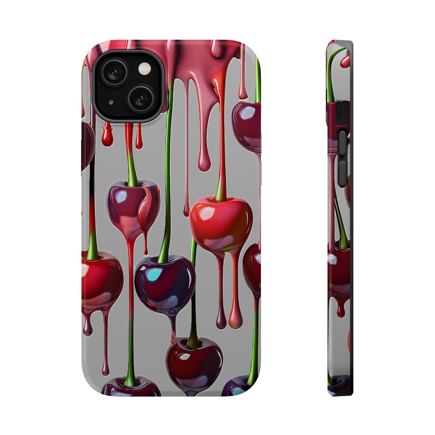 Mag Safe Dripping Cherry Phone Case - Cherry Design, Gray iPhone Magnetic Phone Case