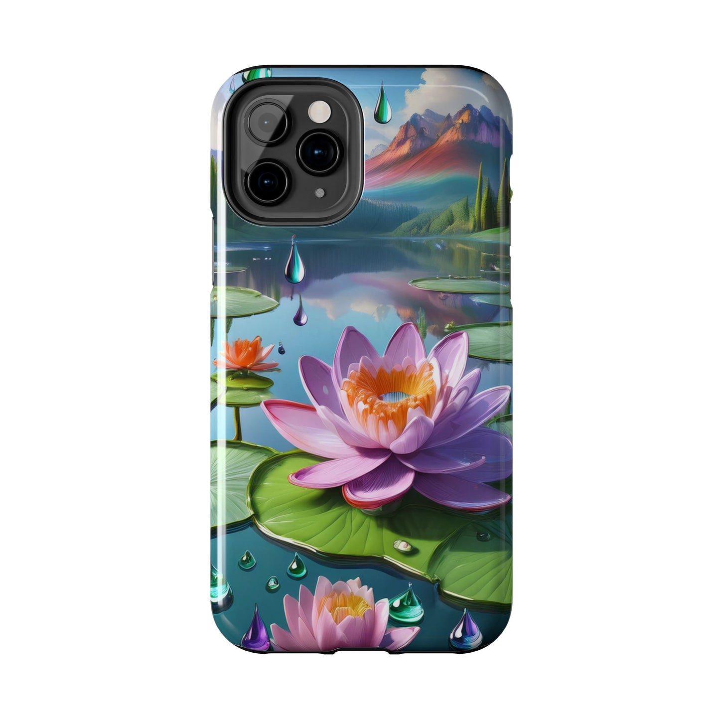 Lily Pads Phone Case, Mountain View Raindrops Nature Scene for iPhone or Samsung Galaxy, Pink Green Blue