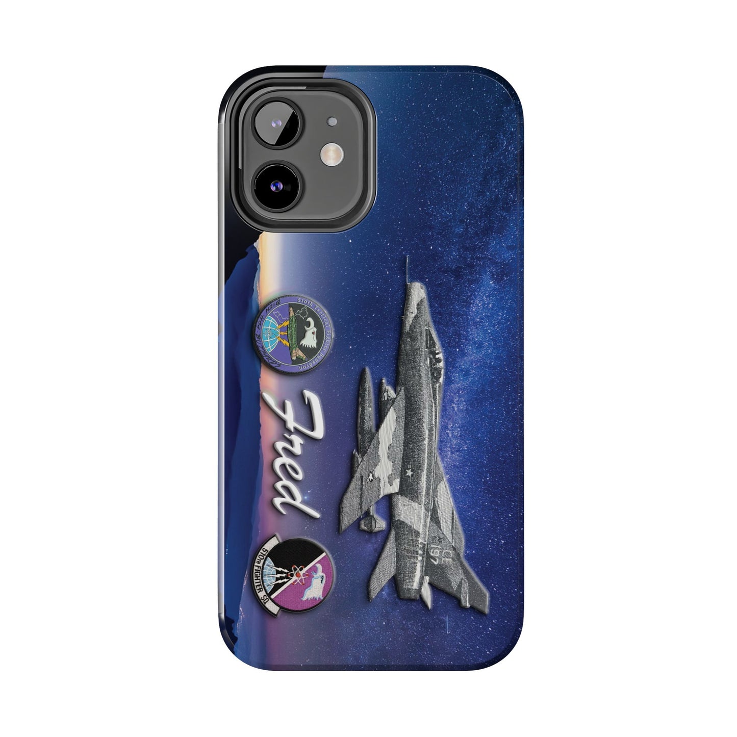 An image of an Air Force 510th Squadron cell phone case featuring a detailed F16 fighter jet design, the word "Buzzards," and personalized text displaying a name or call sign. The case has a sleek, durable finish with vibrant graphics, offering a military-inspired look. Designed for edge-to-edge protection, it includes precise cutouts for buttons, ports, and the camera, combining style and functionality.
