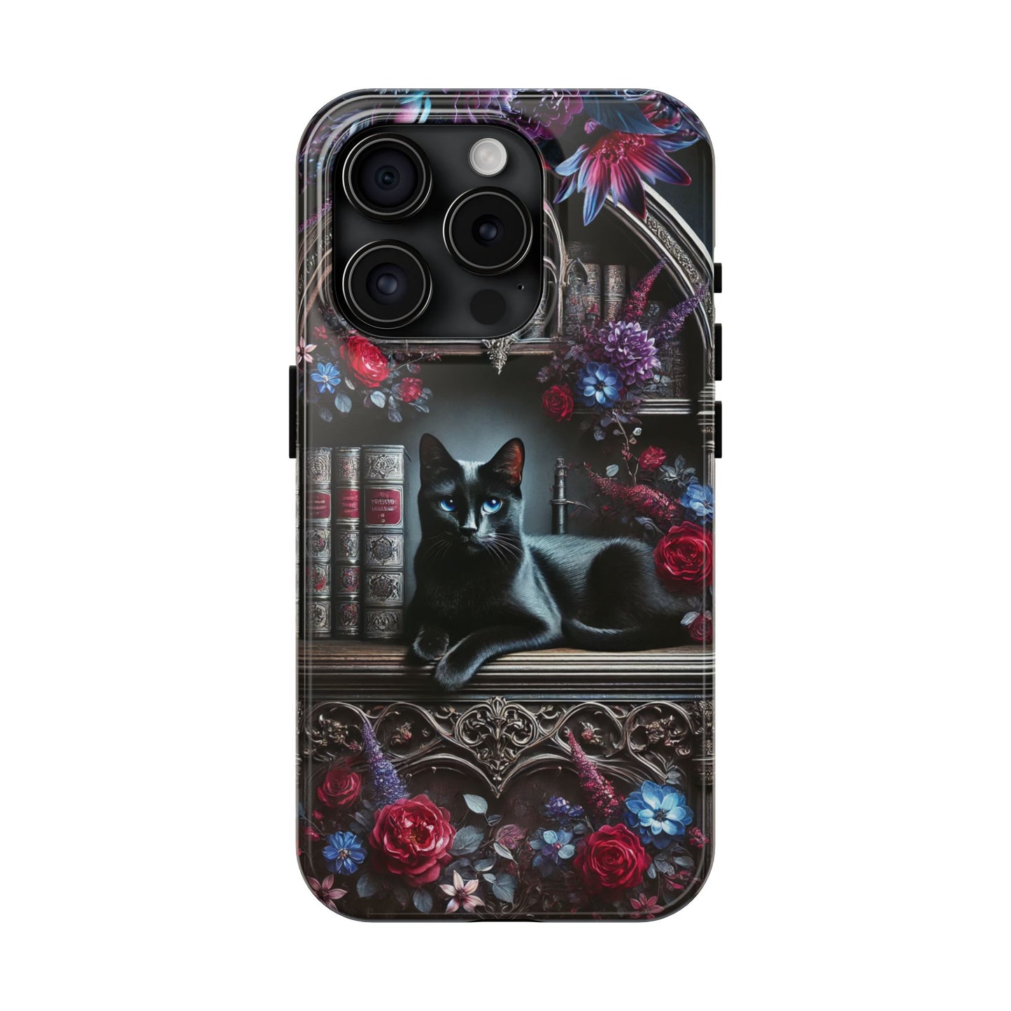 iPhone and Samsung Galaxy cell phone models, Black Cat Gothic Bookcase Decor with Glowing Blue Eyes & Flowers, iPhone Pro, Plus, Pro Max