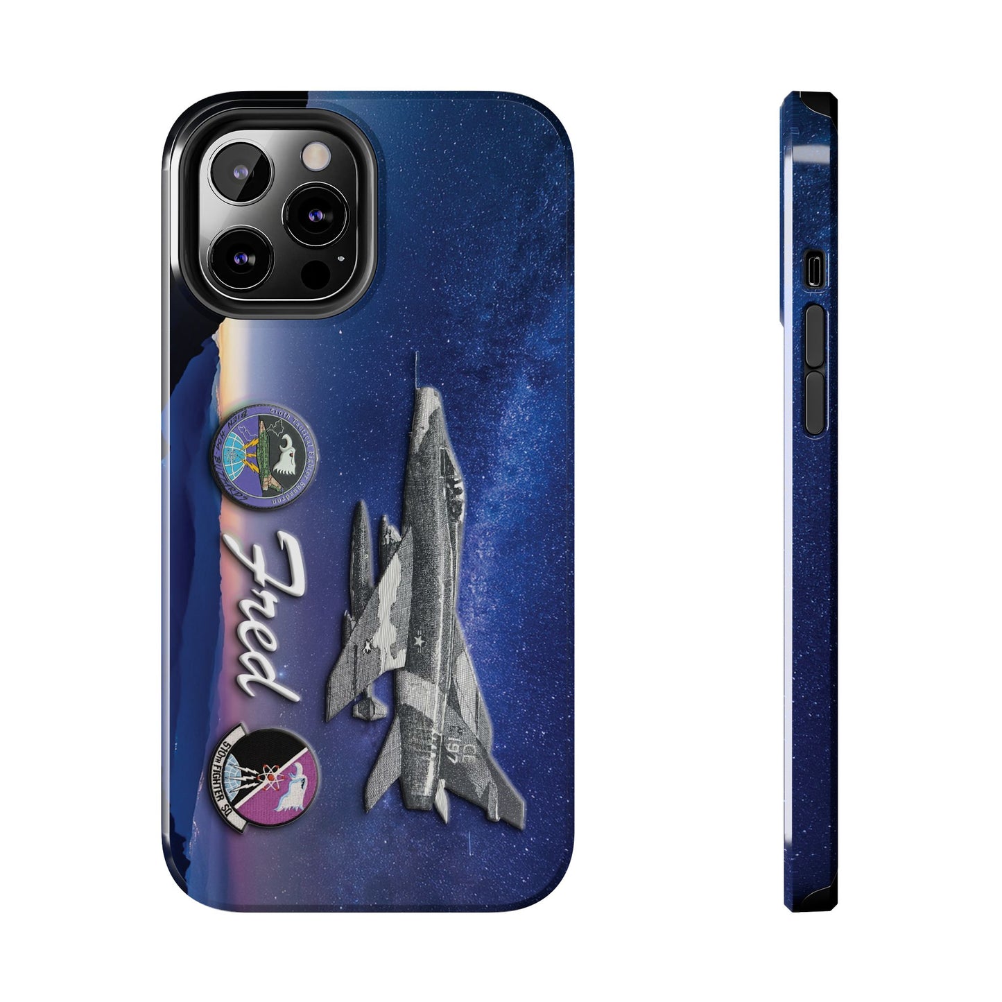 An image of an Air Force 510th Squadron cell phone case featuring a detailed F16 fighter jet design, the word "Buzzards," and personalized text displaying a name or call sign. The case has a sleek, durable finish with vibrant graphics, offering a military-inspired look. Designed for edge-to-edge protection, it includes precise cutouts for buttons, ports, and the camera, combining style and functionality.