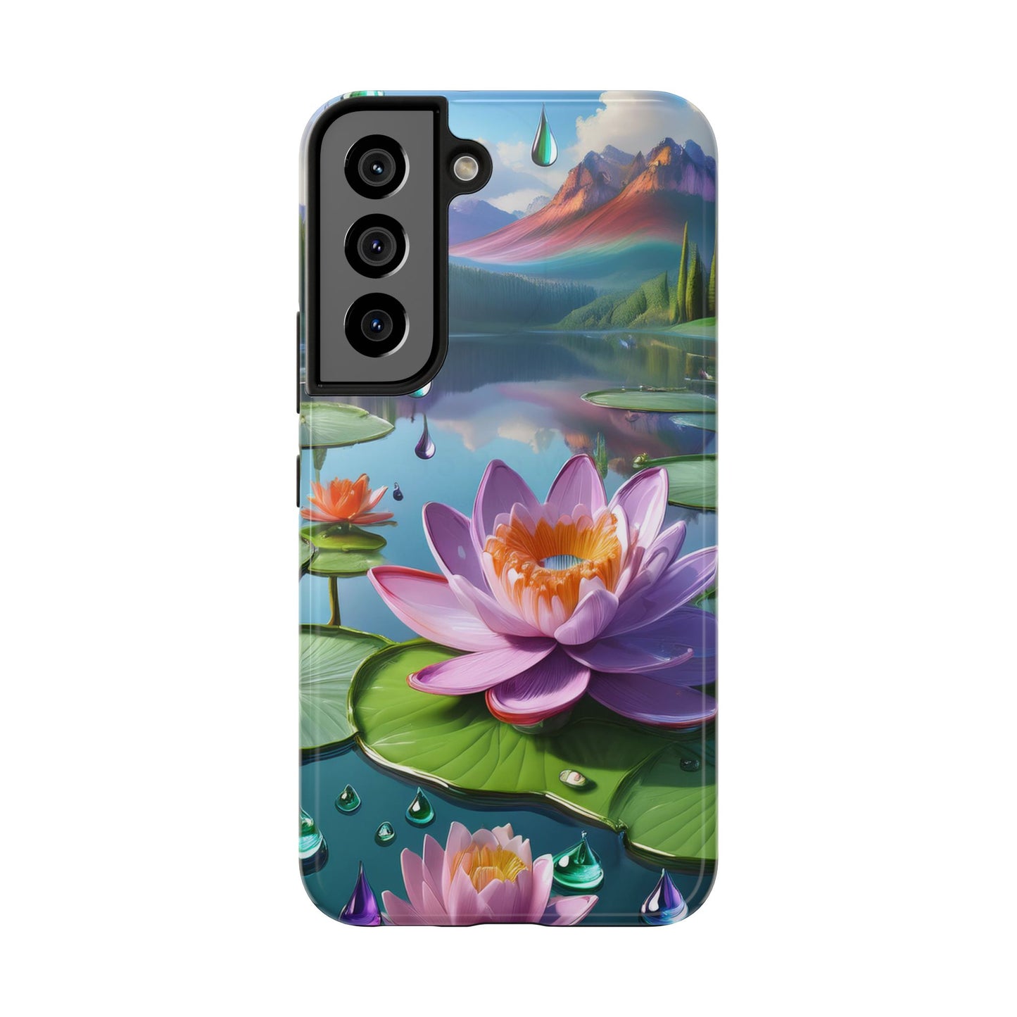 Lily Pads Phone Case, Mountain View Raindrops Nature Scene for iPhone or Samsung Galaxy, Pink Green Blue