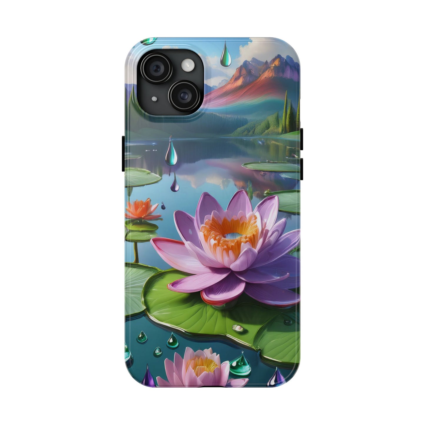 Lily Pads Phone Case, Mountain View Raindrops Nature Scene for iPhone or Samsung Galaxy, Pink Green Blue