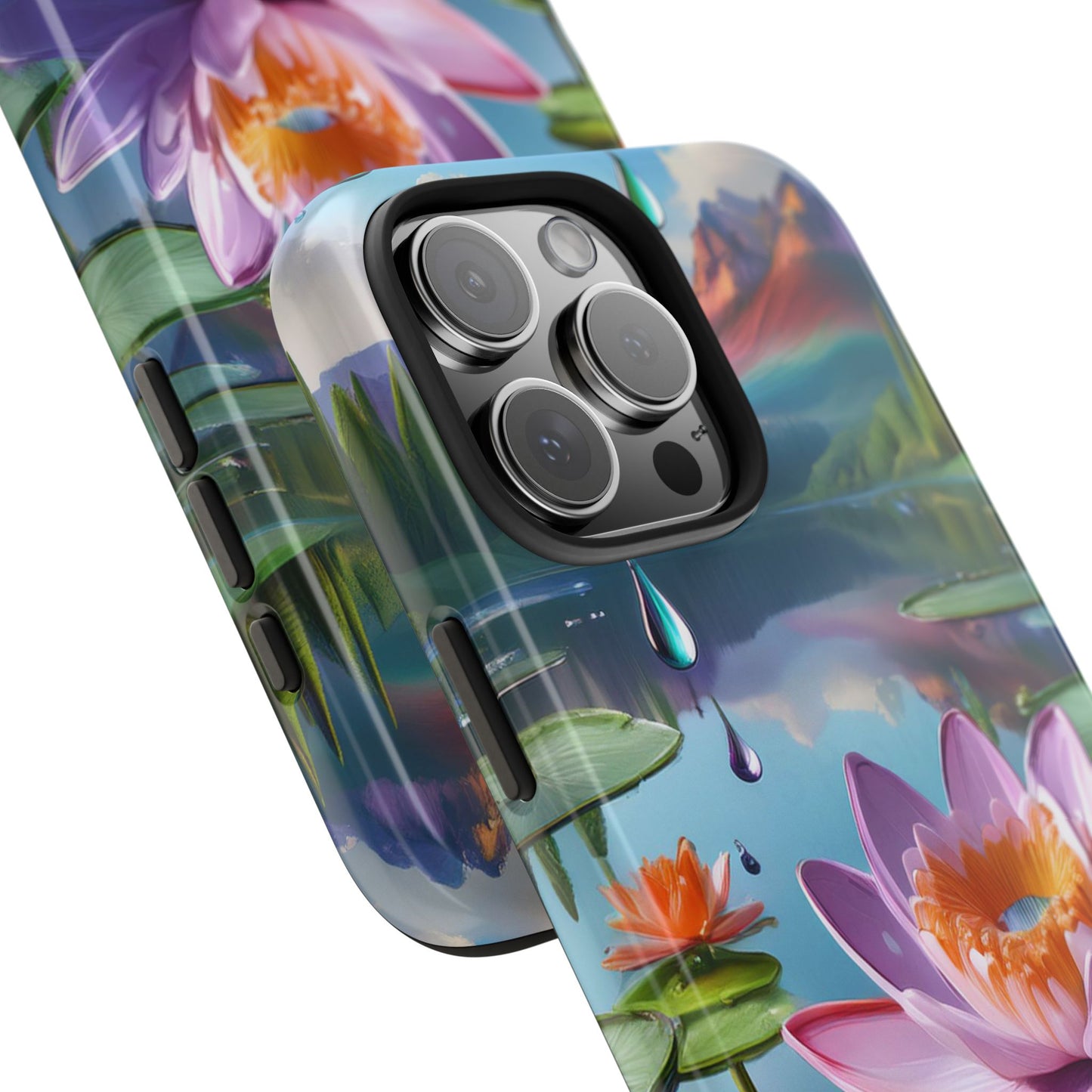 Lily Pads Phone Case, Mountain View Raindrops Nature Scene for iPhone or Samsung Galaxy, Pink Green Blue