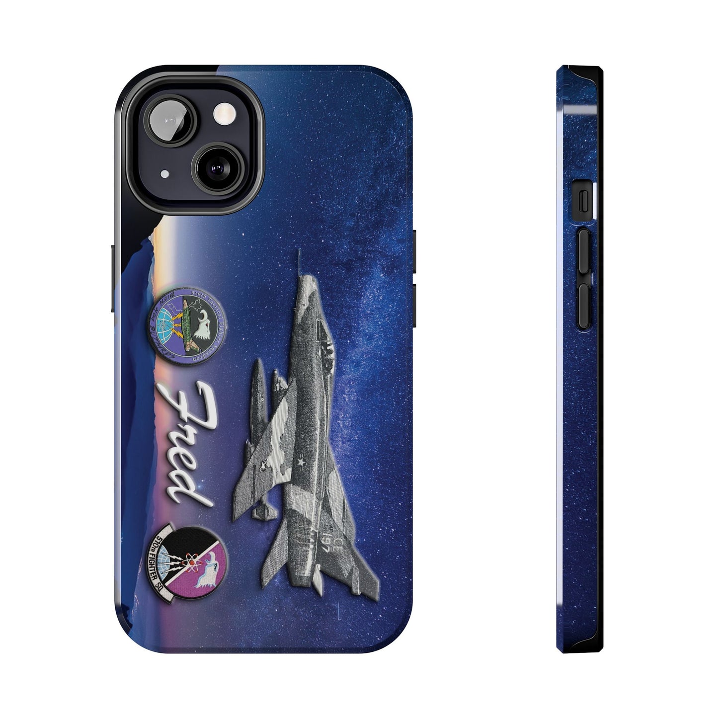 An image of an Air Force 510th Squadron cell phone case featuring a detailed F16 fighter jet design, the word "Buzzards," and personalized text displaying a name or call sign. The case has a sleek, durable finish with vibrant graphics, offering a military-inspired look. Designed for edge-to-edge protection, it includes precise cutouts for buttons, ports, and the camera, combining style and functionality.