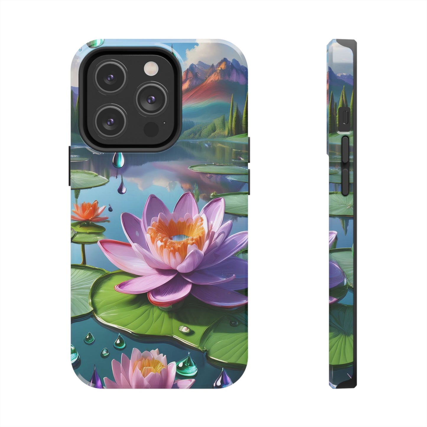 Lily Pads Phone Case, Mountain View Raindrops Nature Scene for iPhone or Samsung Galaxy, Pink Green Blue