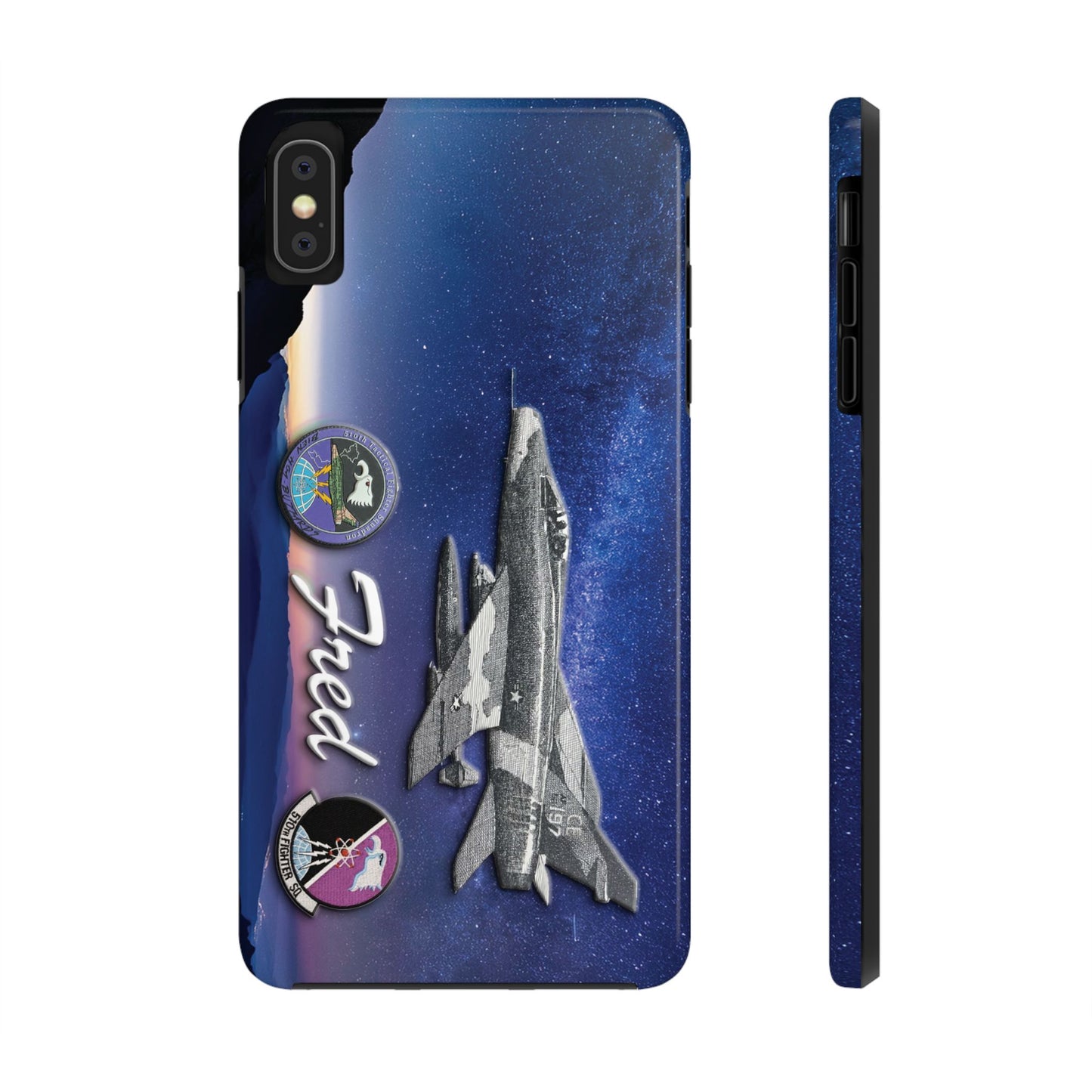 An image of an Air Force 510th Squadron cell phone case featuring a detailed F16 fighter jet design, the word "Buzzards," and personalized text displaying a name or call sign. The case has a sleek, durable finish with vibrant graphics, offering a military-inspired look. Designed for edge-to-edge protection, it includes precise cutouts for buttons, ports, and the camera, combining style and functionality.