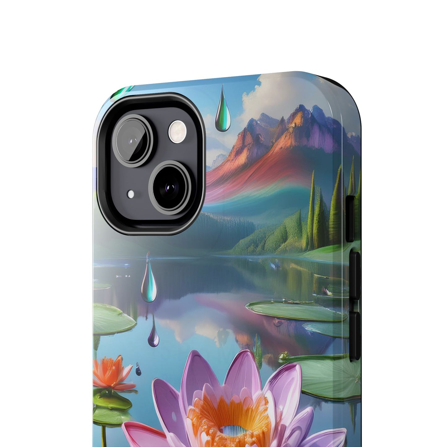 Lily Pads Phone Case, Mountain View Raindrops Nature Scene for iPhone or Samsung Galaxy, Pink Green Blue