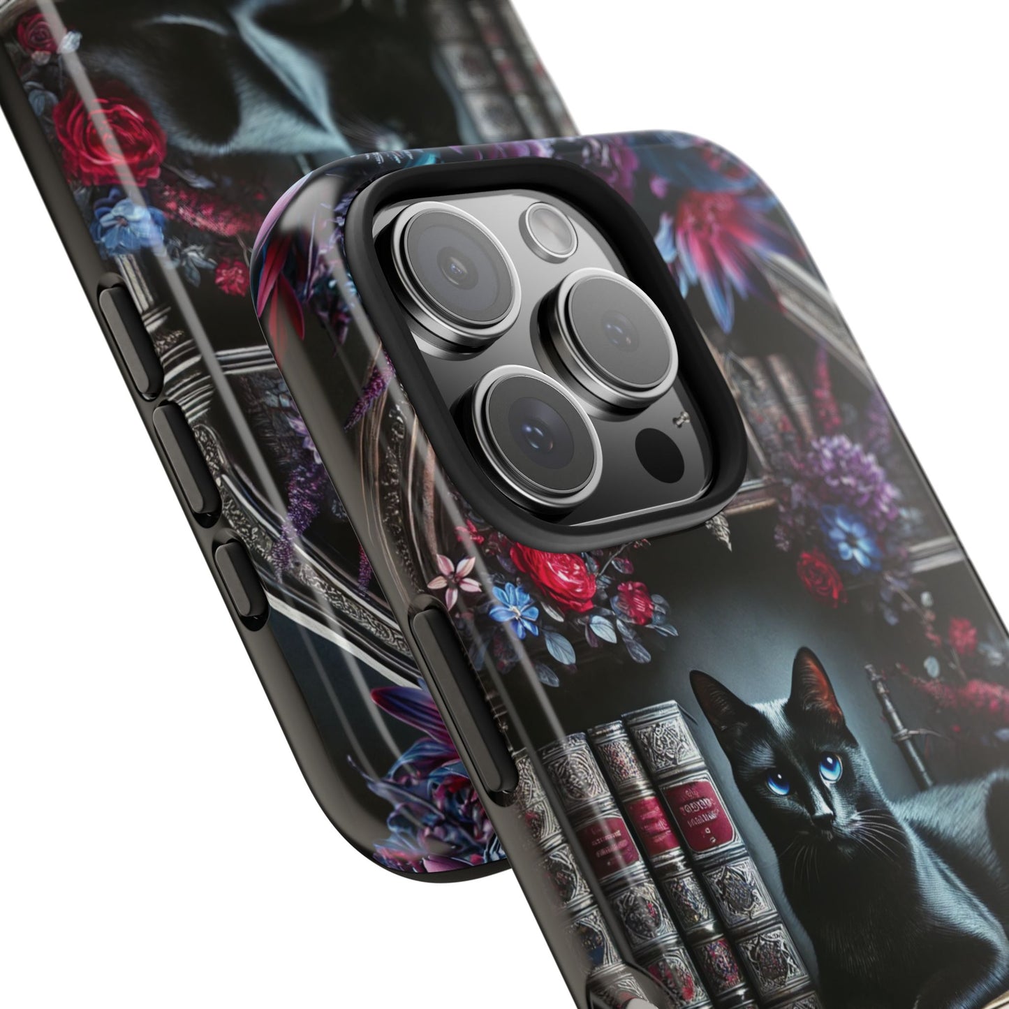 iPhone and Samsung Galaxy cell phone models, Black Cat Gothic Bookcase Decor with Glowing Blue Eyes & Flowers, iPhone Pro, Plus, Pro Max