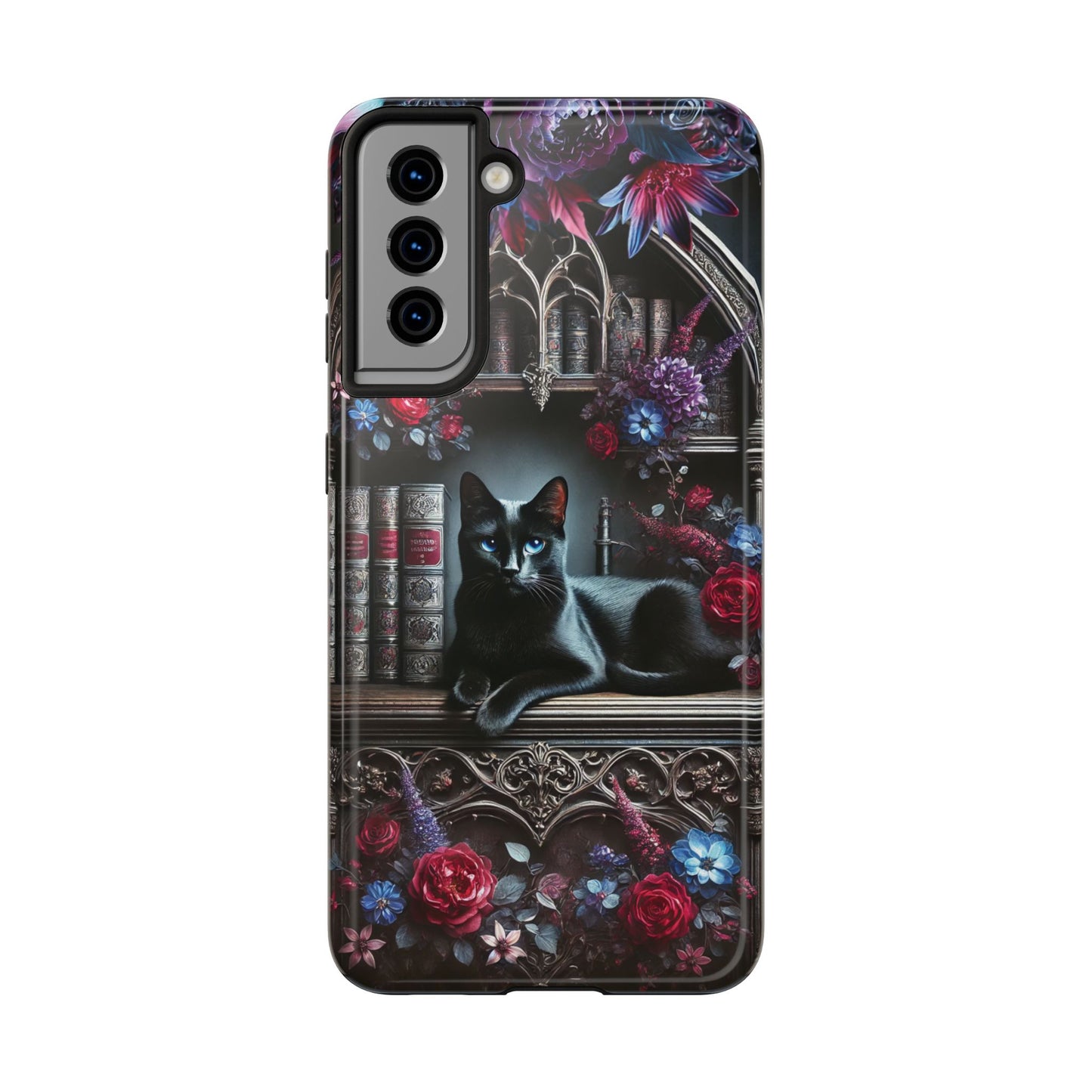 iPhone and Samsung Galaxy cell phone models, Black Cat Gothic Bookcase Decor with Glowing Blue Eyes & Flowers, iPhone Pro, Plus, Pro Max