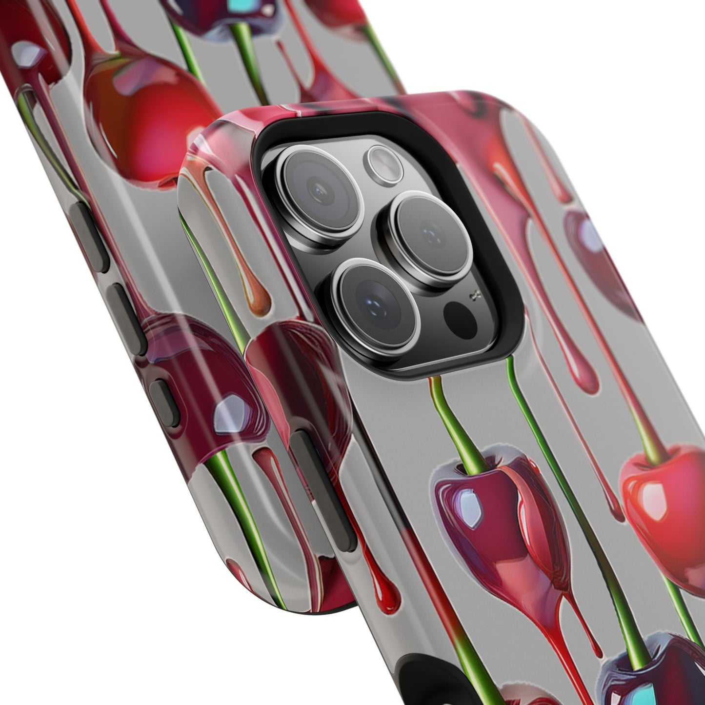 Mag Safe Dripping Cherry Phone Case - Cherry Design, Gray iPhone Magnetic Phone Case