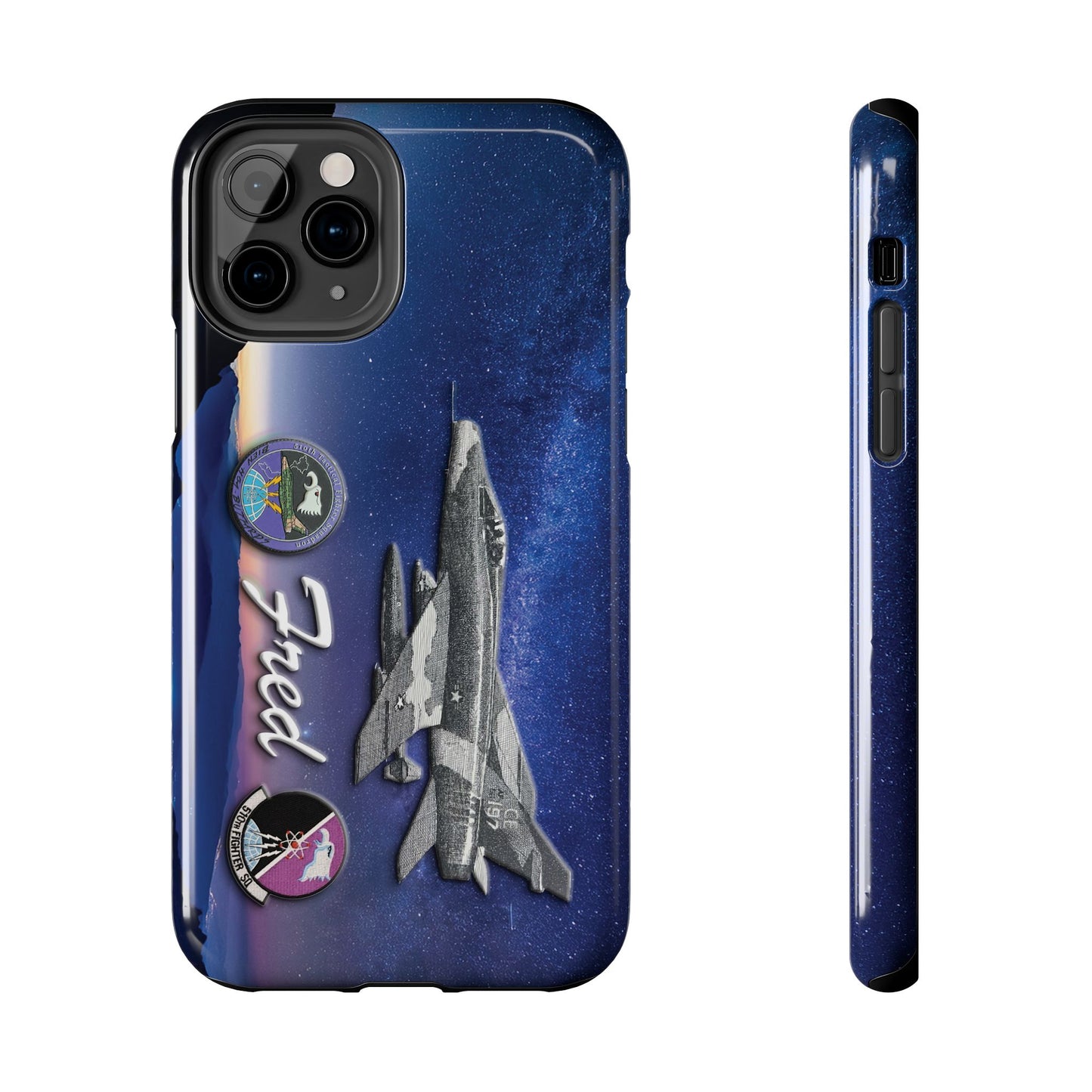 An image of an Air Force 510th Squadron cell phone case featuring a detailed F16 fighter jet design, the word "Buzzards," and personalized text displaying a name or call sign. The case has a sleek, durable finish with vibrant graphics, offering a military-inspired look. Designed for edge-to-edge protection, it includes precise cutouts for buttons, ports, and the camera, combining style and functionality.