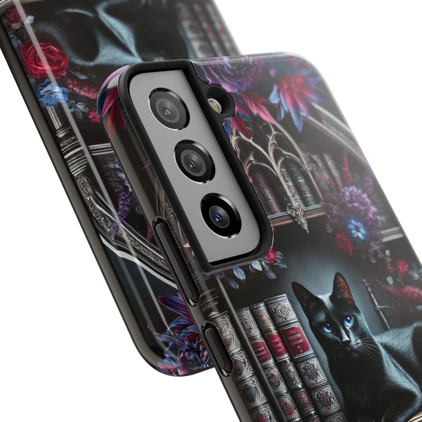 iPhone and Samsung Galaxy cell phone models, Black Cat Gothic Bookcase Decor with Glowing Blue Eyes & Flowers, iPhone Pro, Plus, Pro Max