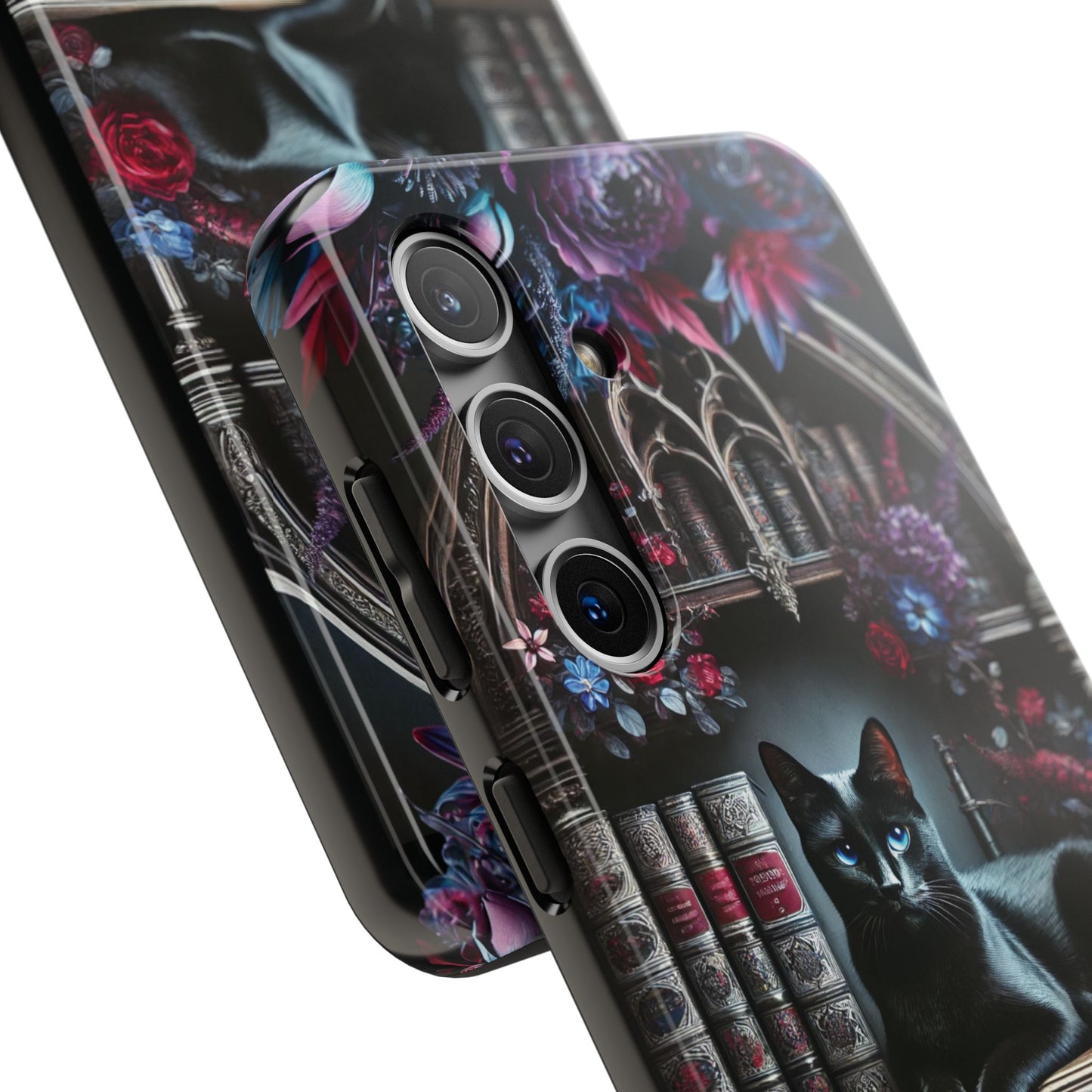iPhone and Samsung Galaxy cell phone models, Black Cat Gothic Bookcase Decor with Glowing Blue Eyes & Flowers, iPhone Pro, Plus, Pro Max