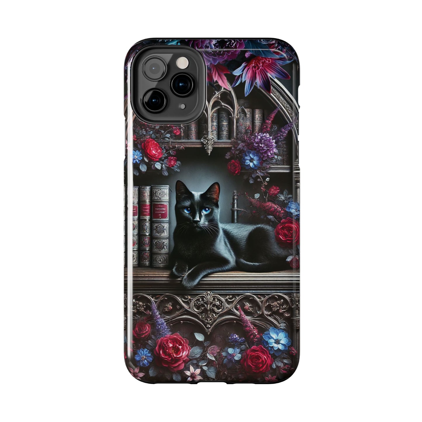iPhone and Samsung Galaxy cell phone models, Black Cat Gothic Bookcase Decor with Glowing Blue Eyes & Flowers, iPhone Pro, Plus, Pro Max