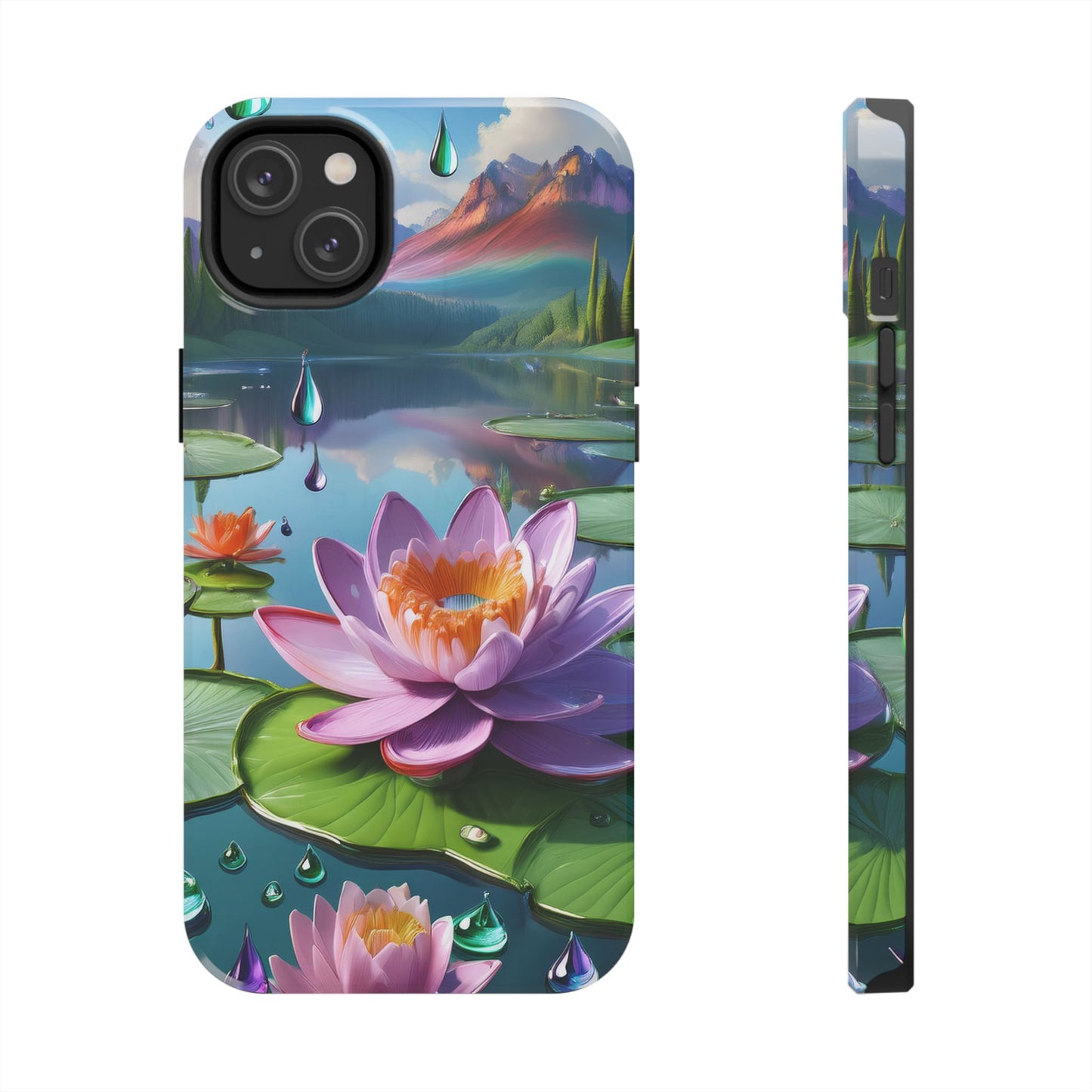 Lily Pads Phone Case, Mountain View Raindrops Nature Scene for iPhone or Samsung Galaxy, Pink Green Blue