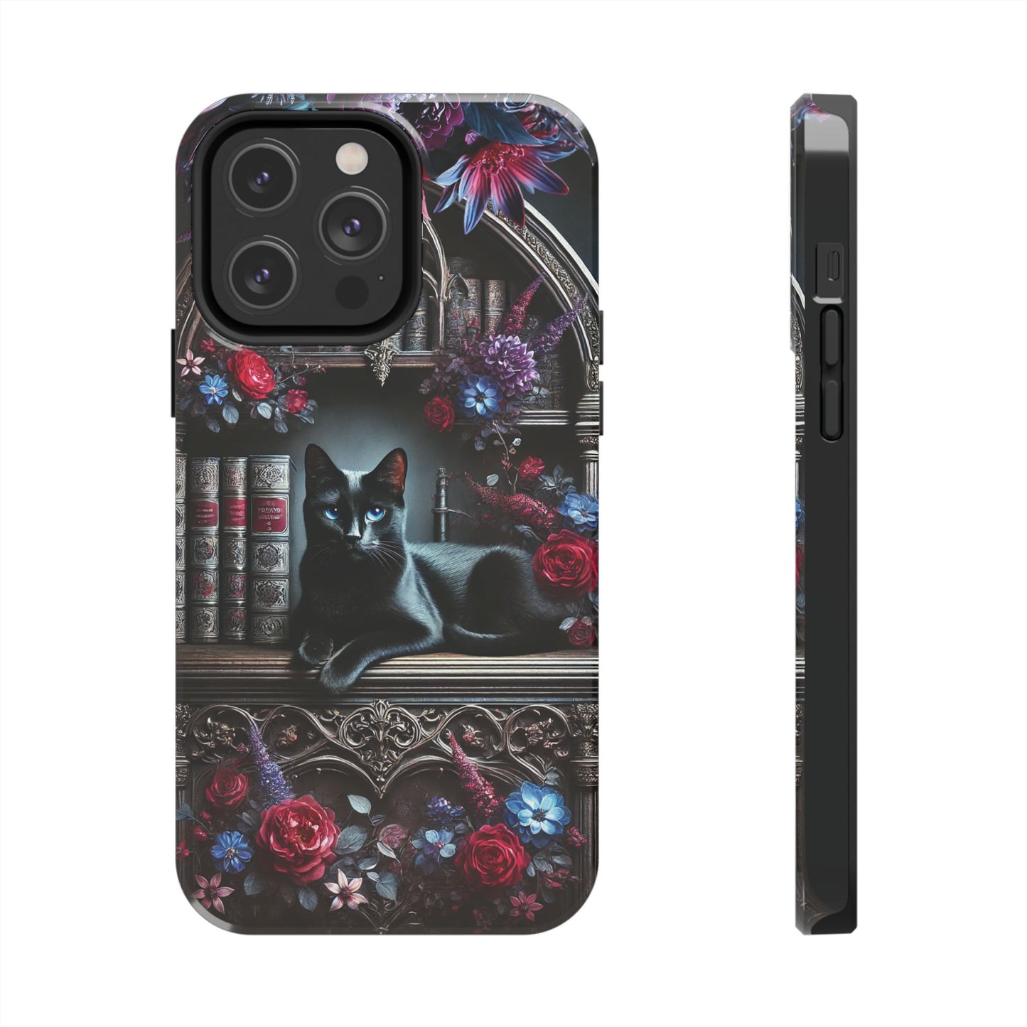iPhone and Samsung Galaxy cell phone models, Black Cat Gothic Bookcase Decor with Glowing Blue Eyes & Flowers, iPhone Pro, Plus, Pro Max