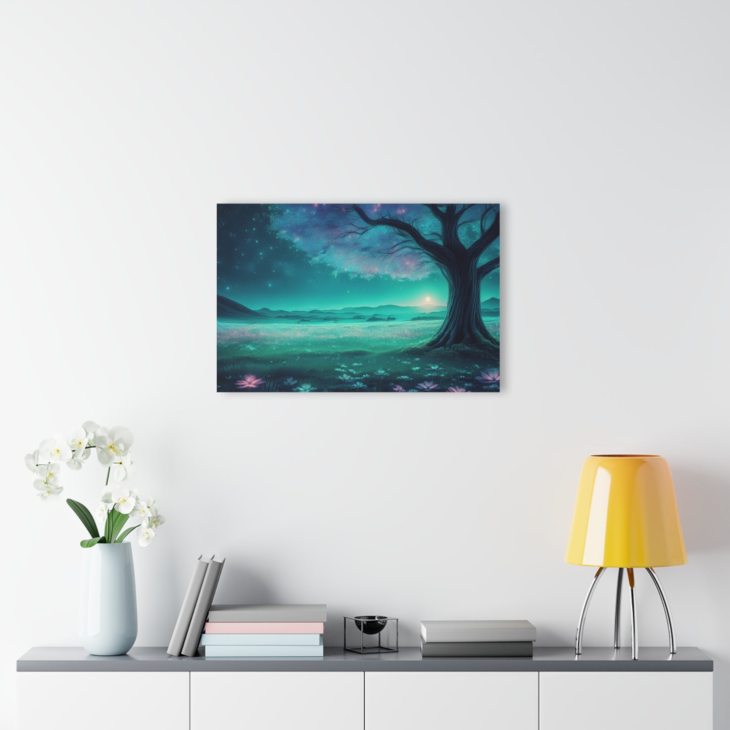 Night Sky Pink Blue Flowers in a Field, Acrylic Print, Wall Art, Home or Office Decor, French Cleat Hanging, Glass Wall Art