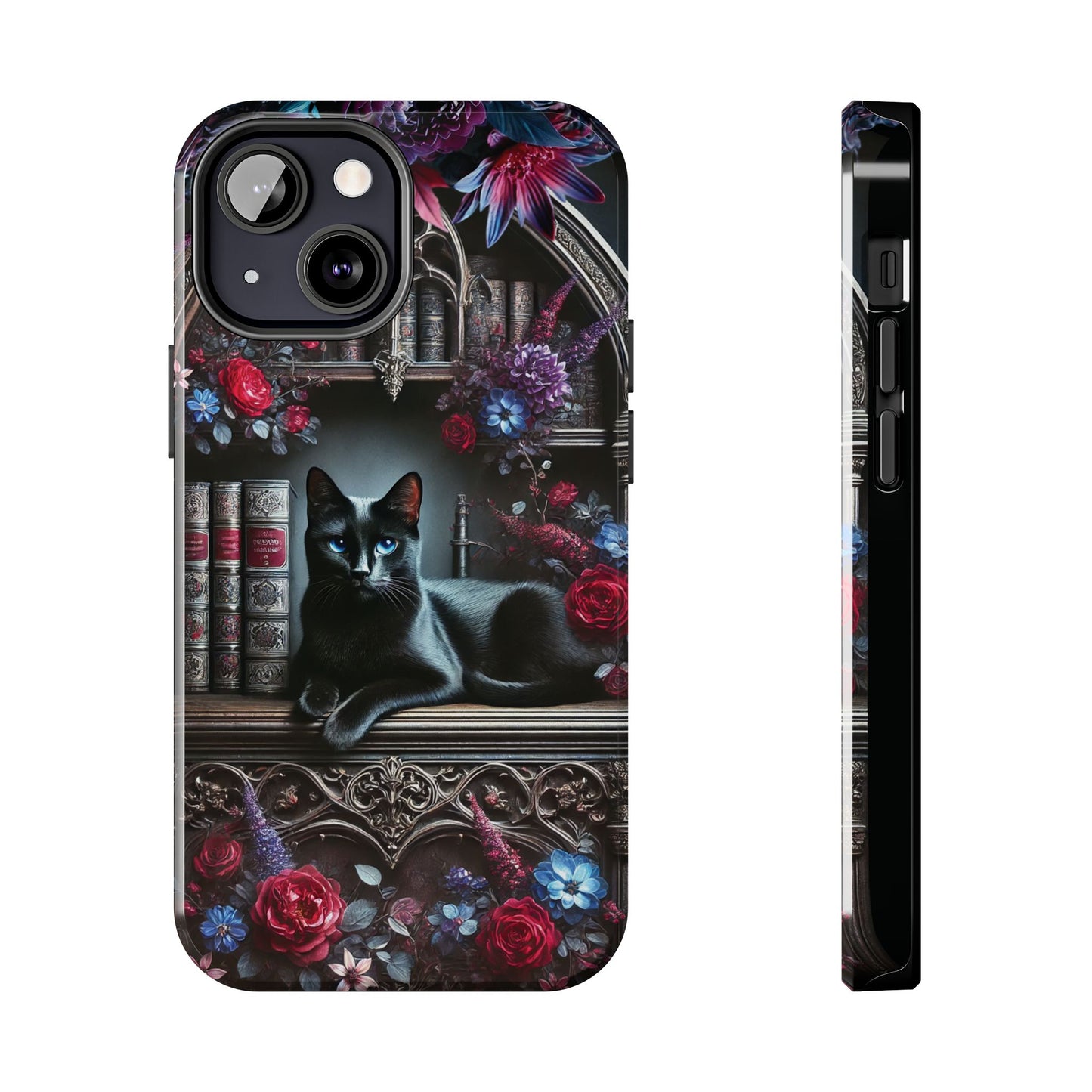 iPhone and Samsung Galaxy cell phone models, Black Cat Gothic Bookcase Decor with Glowing Blue Eyes & Flowers, iPhone Pro, Plus, Pro Max