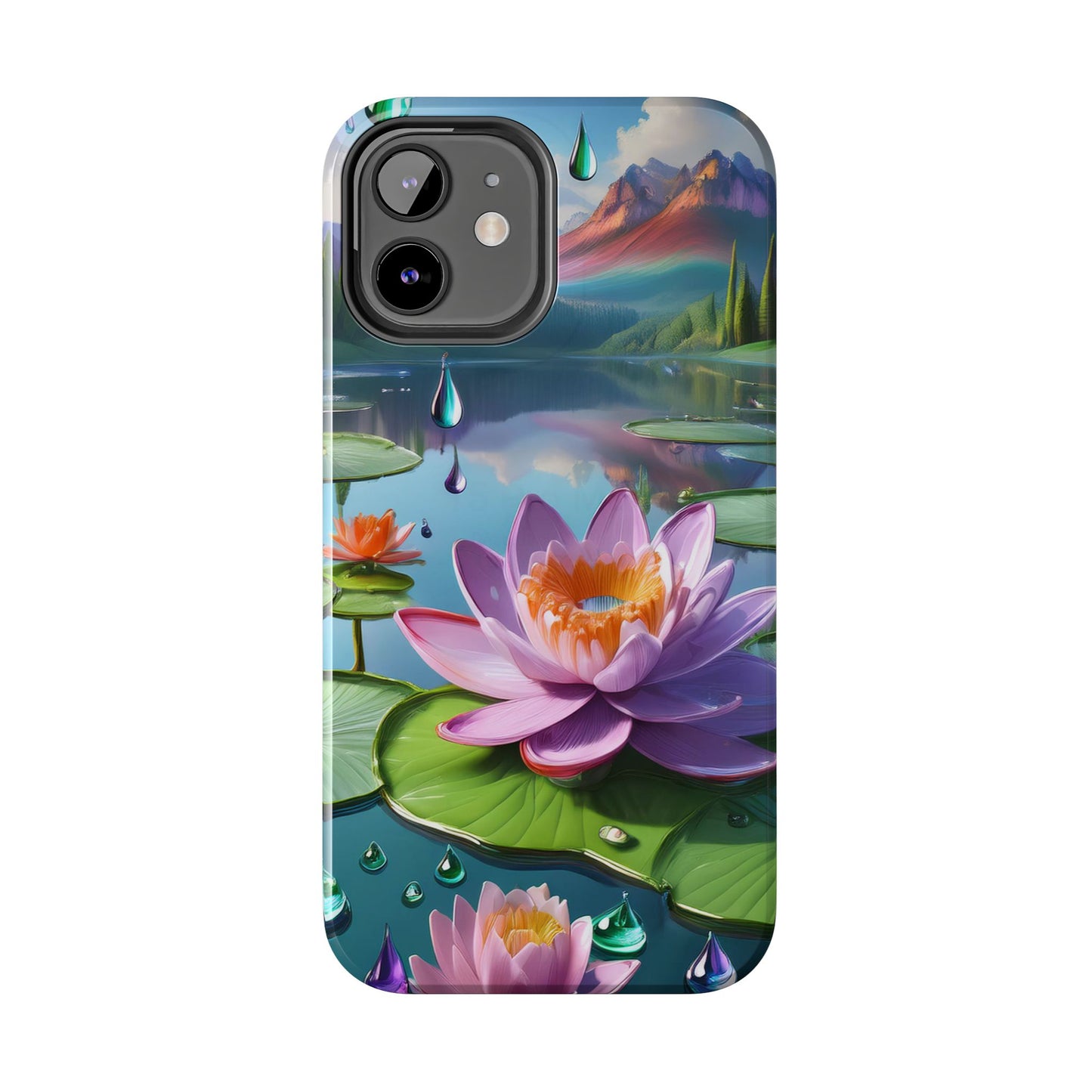 Lily Pads Phone Case, Mountain View Raindrops Nature Scene for iPhone or Samsung Galaxy, Pink Green Blue
