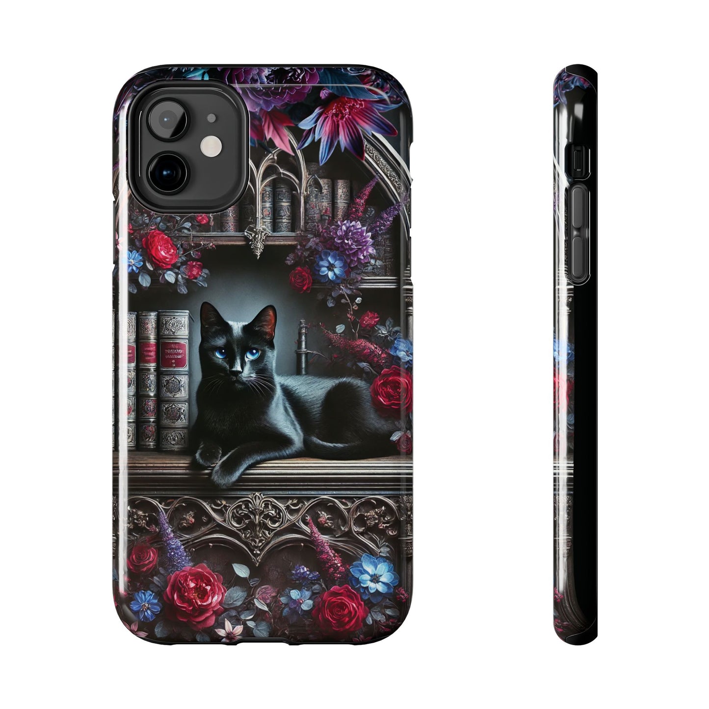 iPhone and Samsung Galaxy cell phone models, Black Cat Gothic Bookcase Decor with Glowing Blue Eyes & Flowers, iPhone Pro, Plus, Pro Max