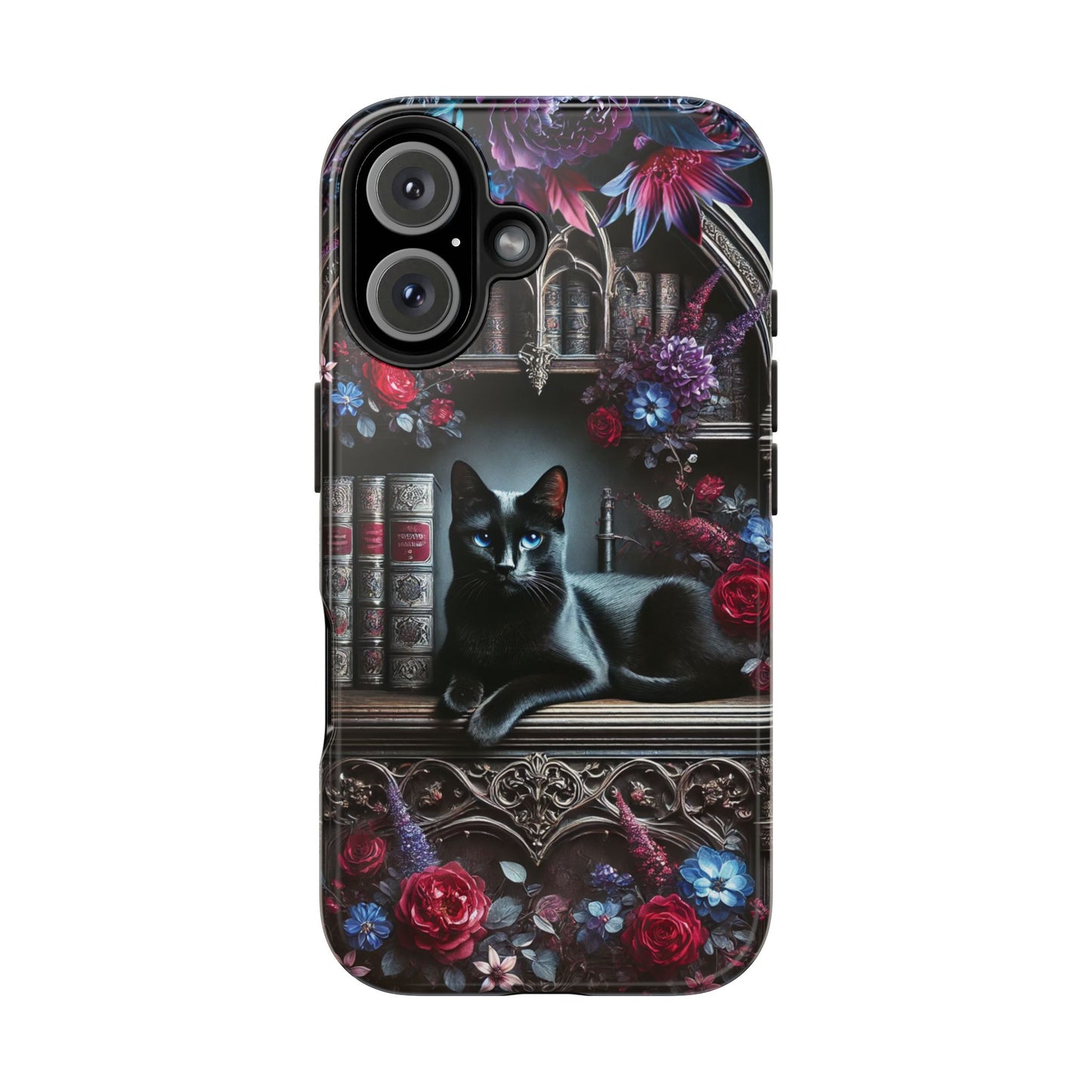 iPhone and Samsung Galaxy cell phone models, Black Cat Gothic Bookcase Decor with Glowing Blue Eyes & Flowers, iPhone Pro, Plus, Pro Max