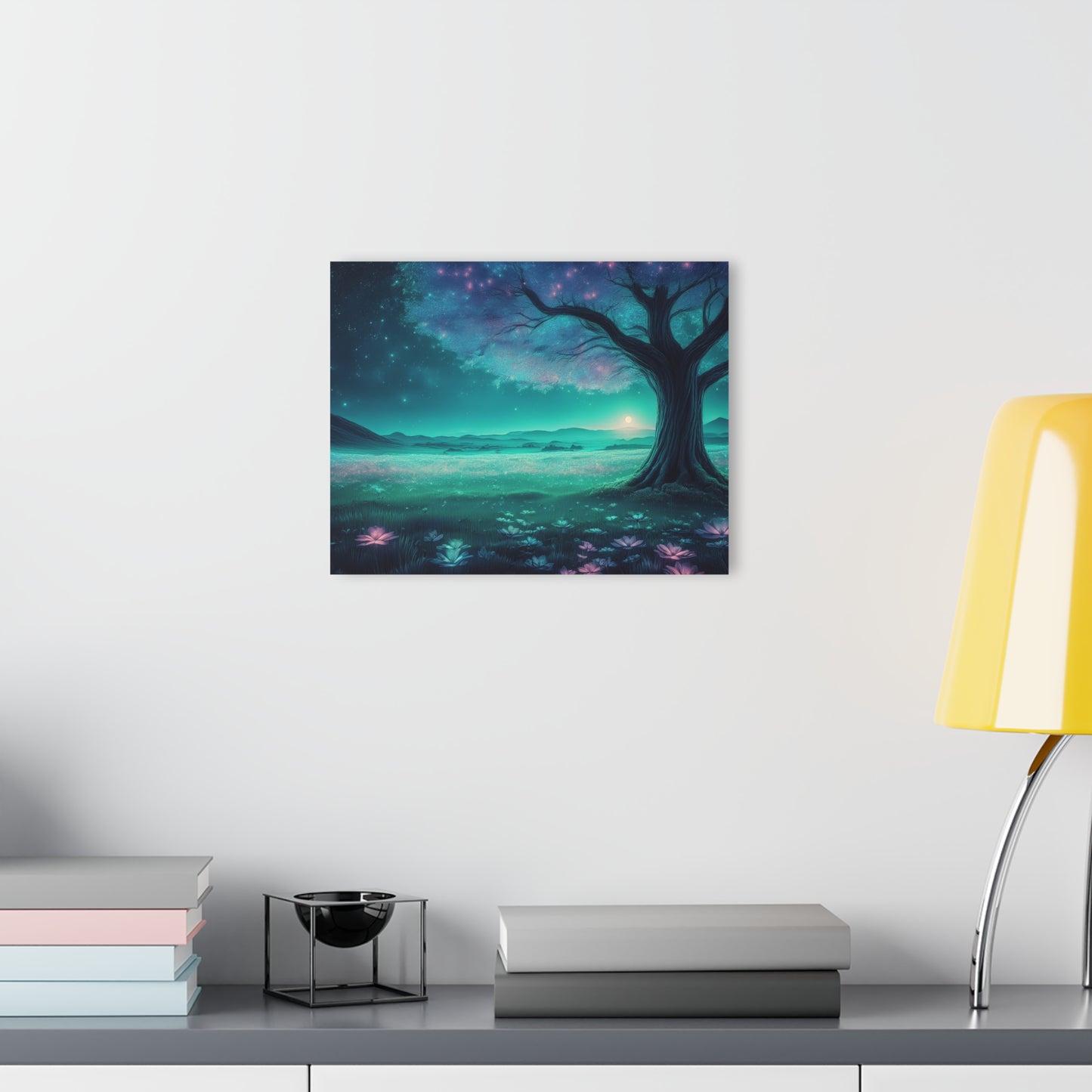 Night Sky Pink Blue Flowers in a Field, Acrylic Print, Wall Art, Home or Office Decor, French Cleat Hanging, Glass Wall Art
