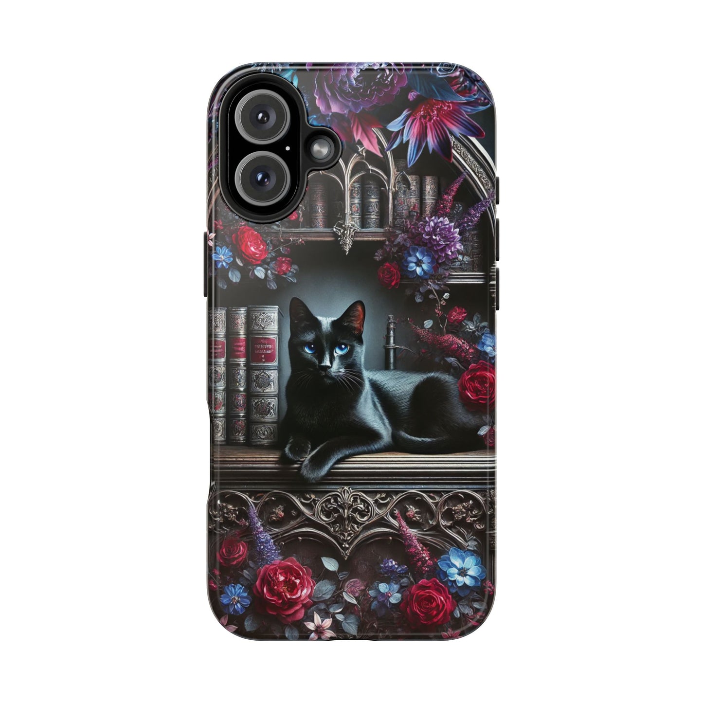 iPhone and Samsung Galaxy cell phone models, Black Cat Gothic Bookcase Decor with Glowing Blue Eyes & Flowers, iPhone Pro, Plus, Pro Max
